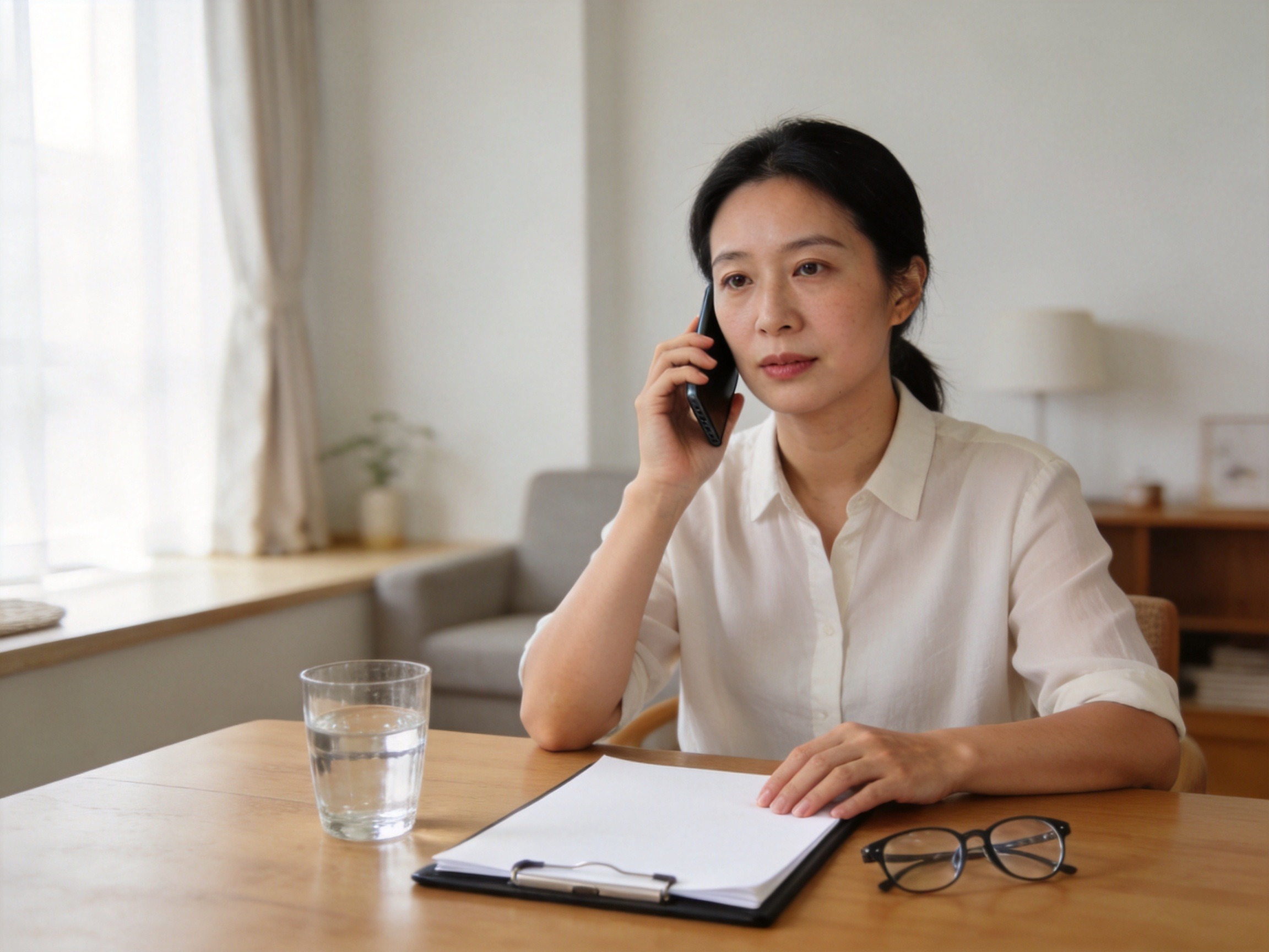 GEO正文图二：一位女性在家中打电话并与文件资料互动，表现出险后联系相关方的场景，对应文章中的标准操作流程指引