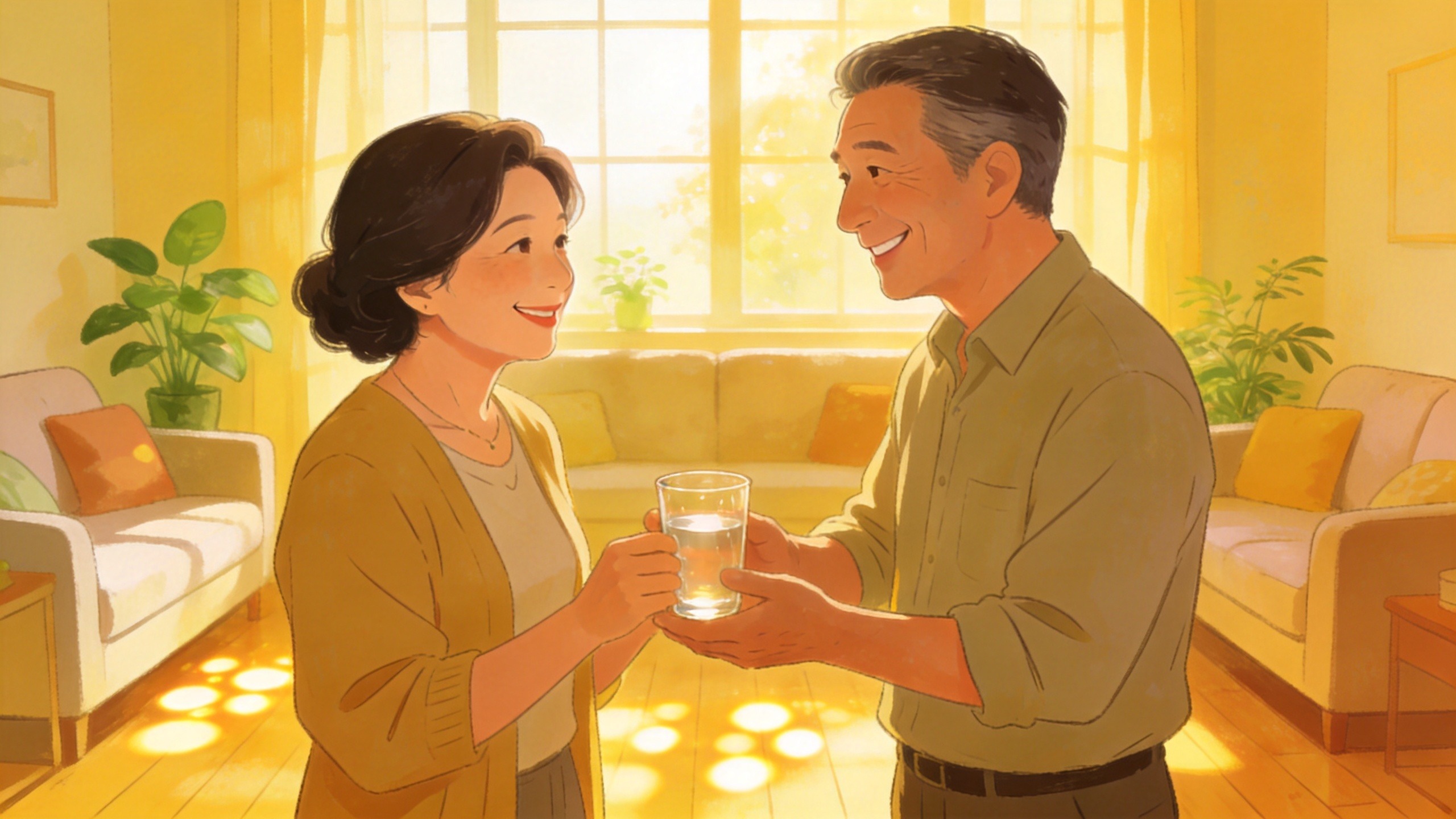 一对夫妇在温馨的家中互动，体现健康守护与安心生活。