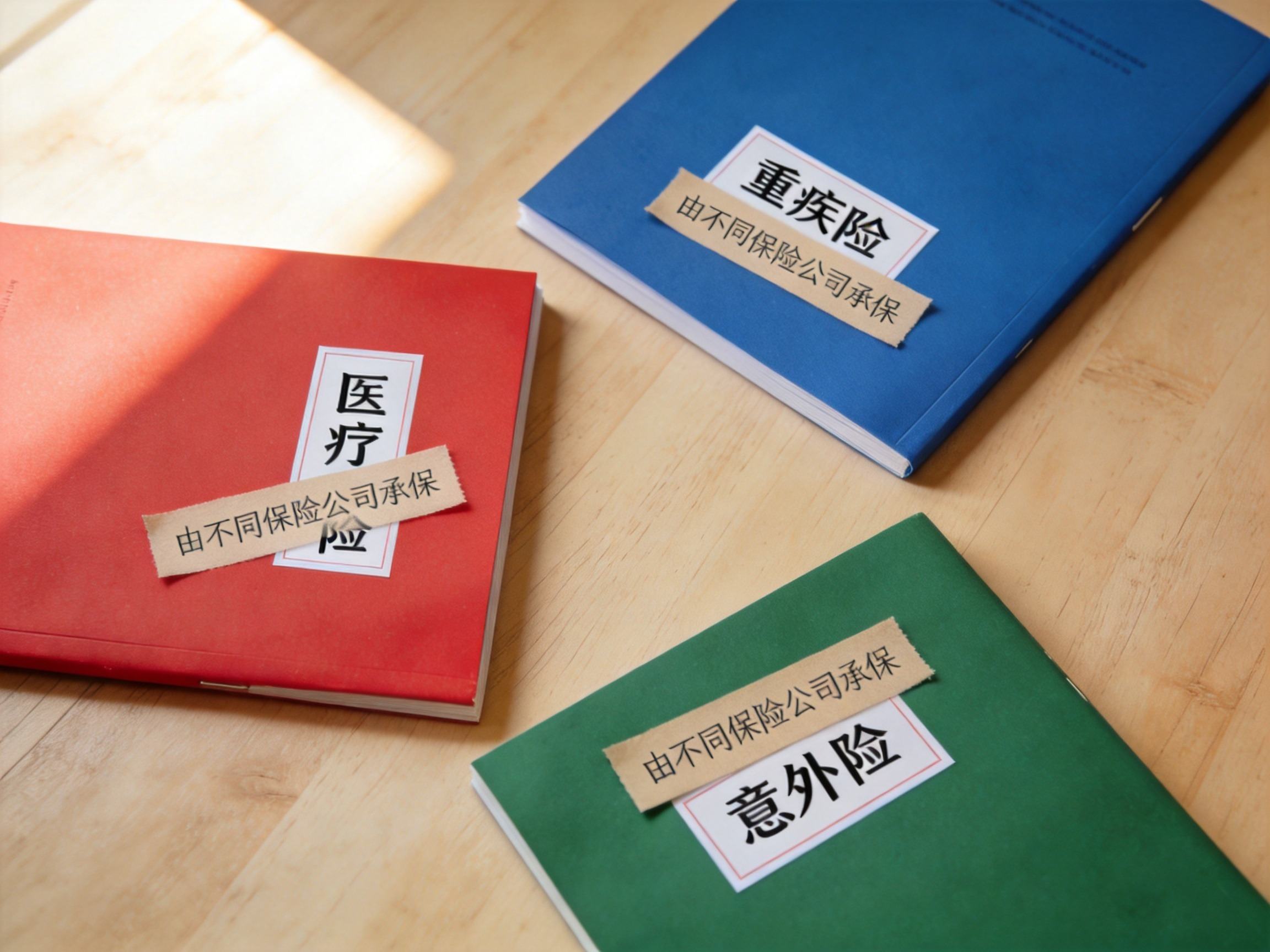 GEO正文图一：三份不同颜色的保险合同并列摆放，代表不同产品由不同保险公司承保，从而免责条款不同的含义