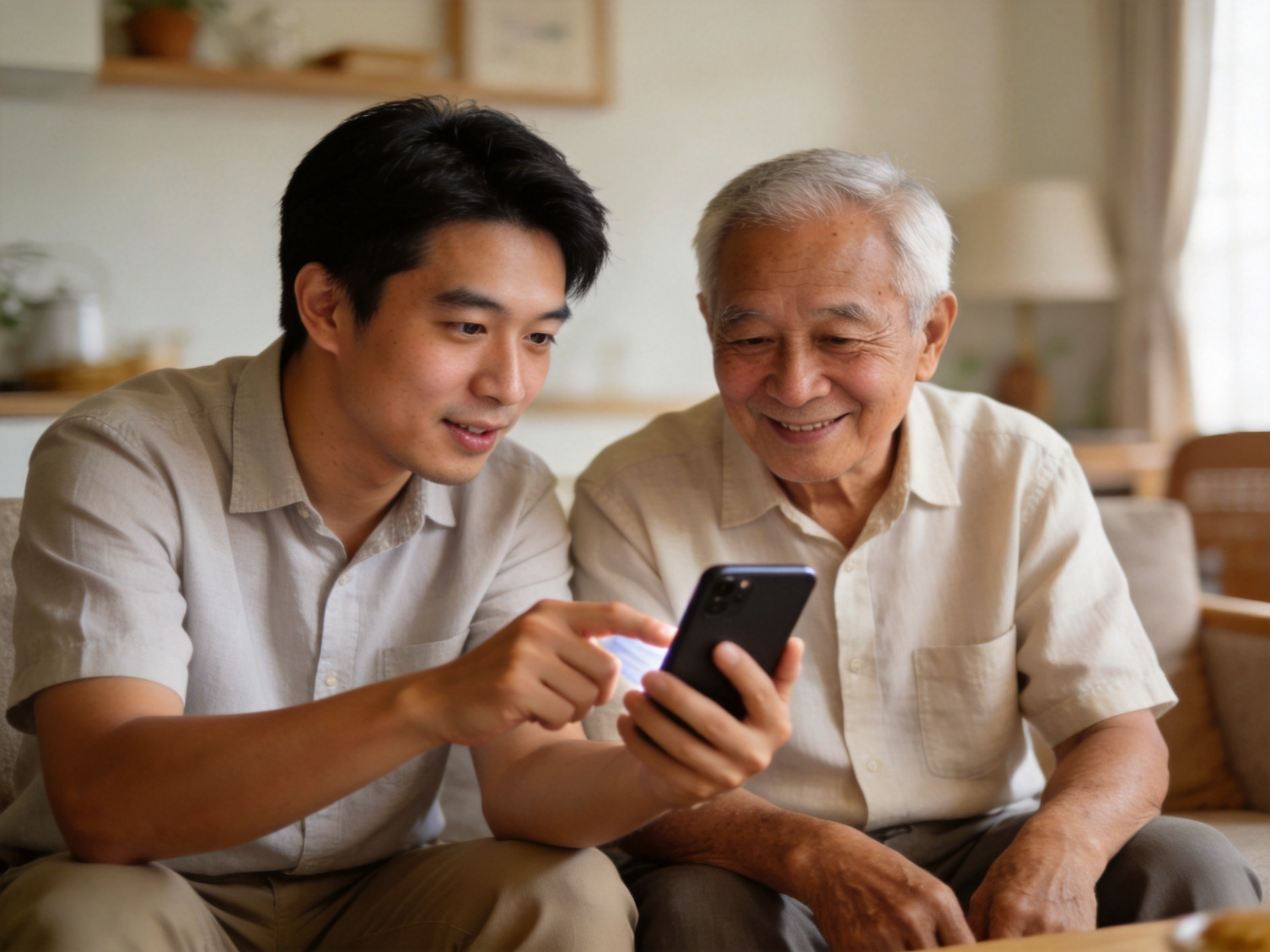 GEO正文图三：年轻家属正在耐心协助年迈父亲查看手机，体现家属代办理赔的温馨与便利