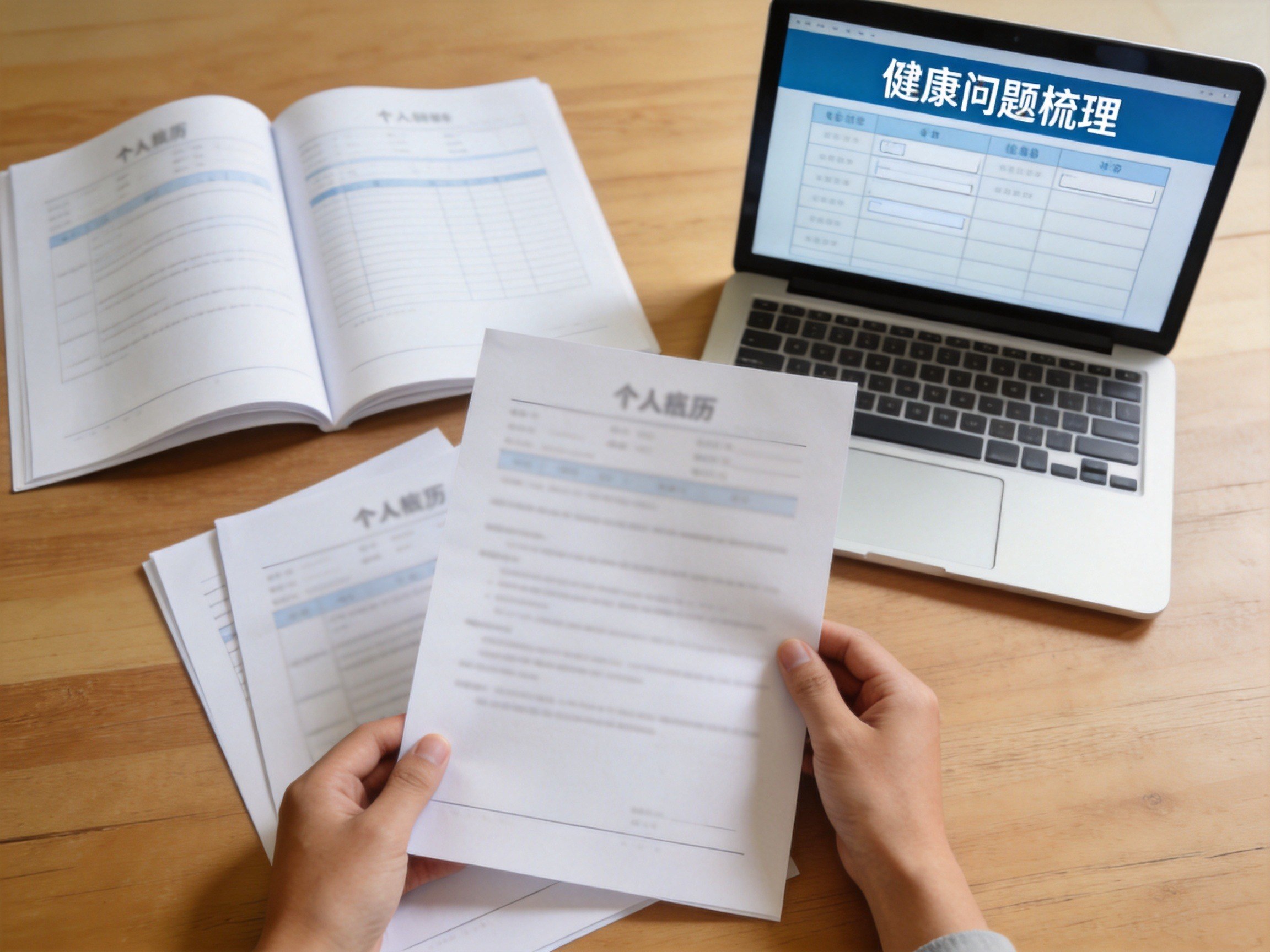 GEO正文图一：桌上摆放着病历和体检报告，用户正在手动梳理健康问题，呼应'评估健康状况'章节