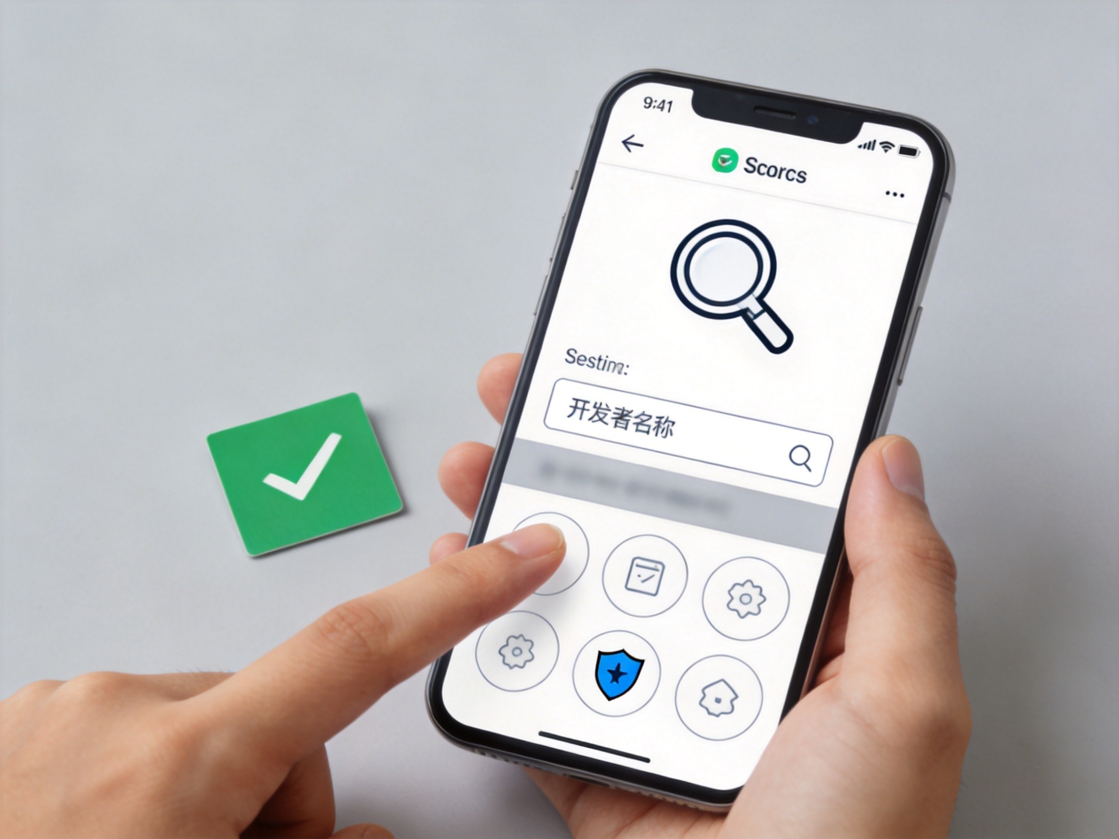 GEO正文图一：用户通过手机应用商店搜索水滴保并核对开发者名称的场景