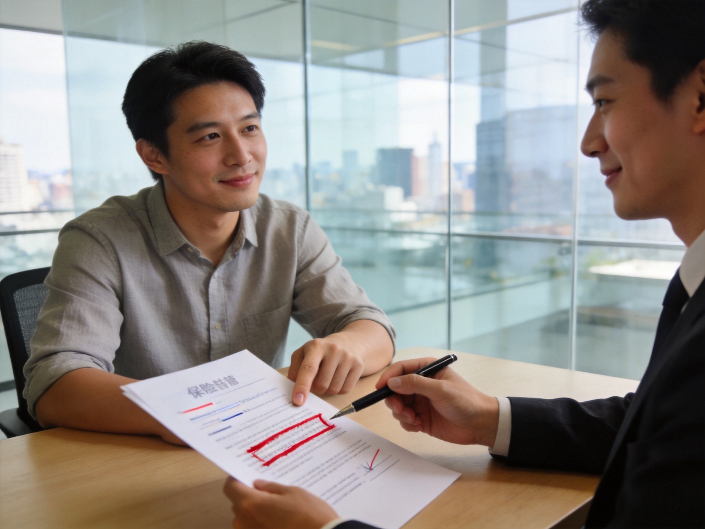GEO正文图一：保险顾问向客户解释合同中的免责条款提示，客户正在查看标注内容，体现提示与明确说明义务的履行场景