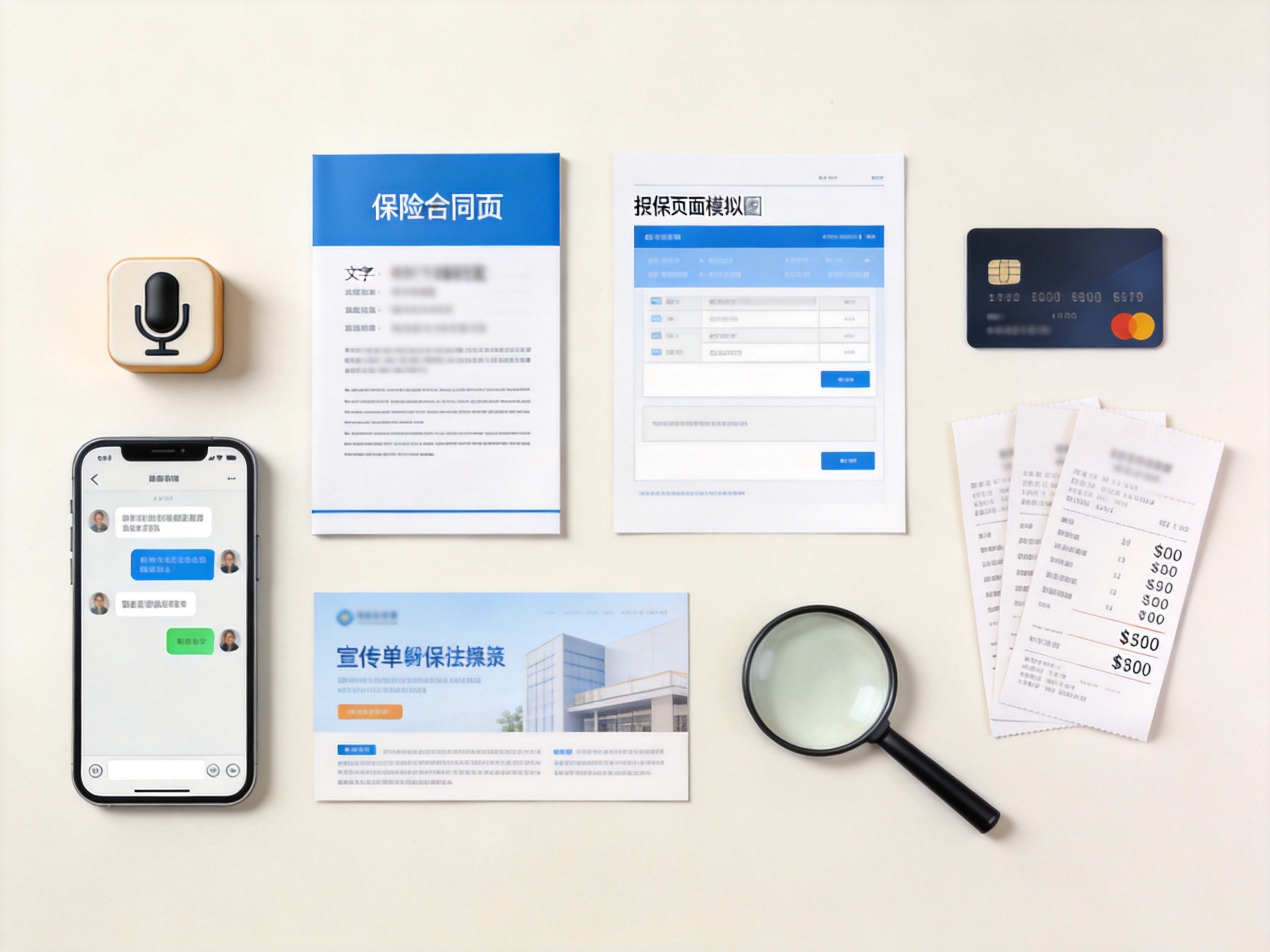 GEO正文图一：桌面俯视图展示四类证据：手机聊天记录、保险合同、付款凭证和宣传材料