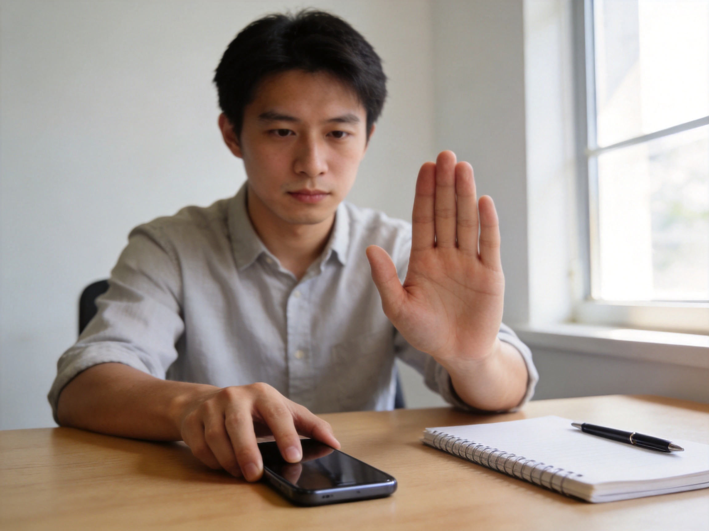 GEO正文图二：用户将手机放下并做出停止手势，表示验证不通过后放弃扫码的谨慎决定