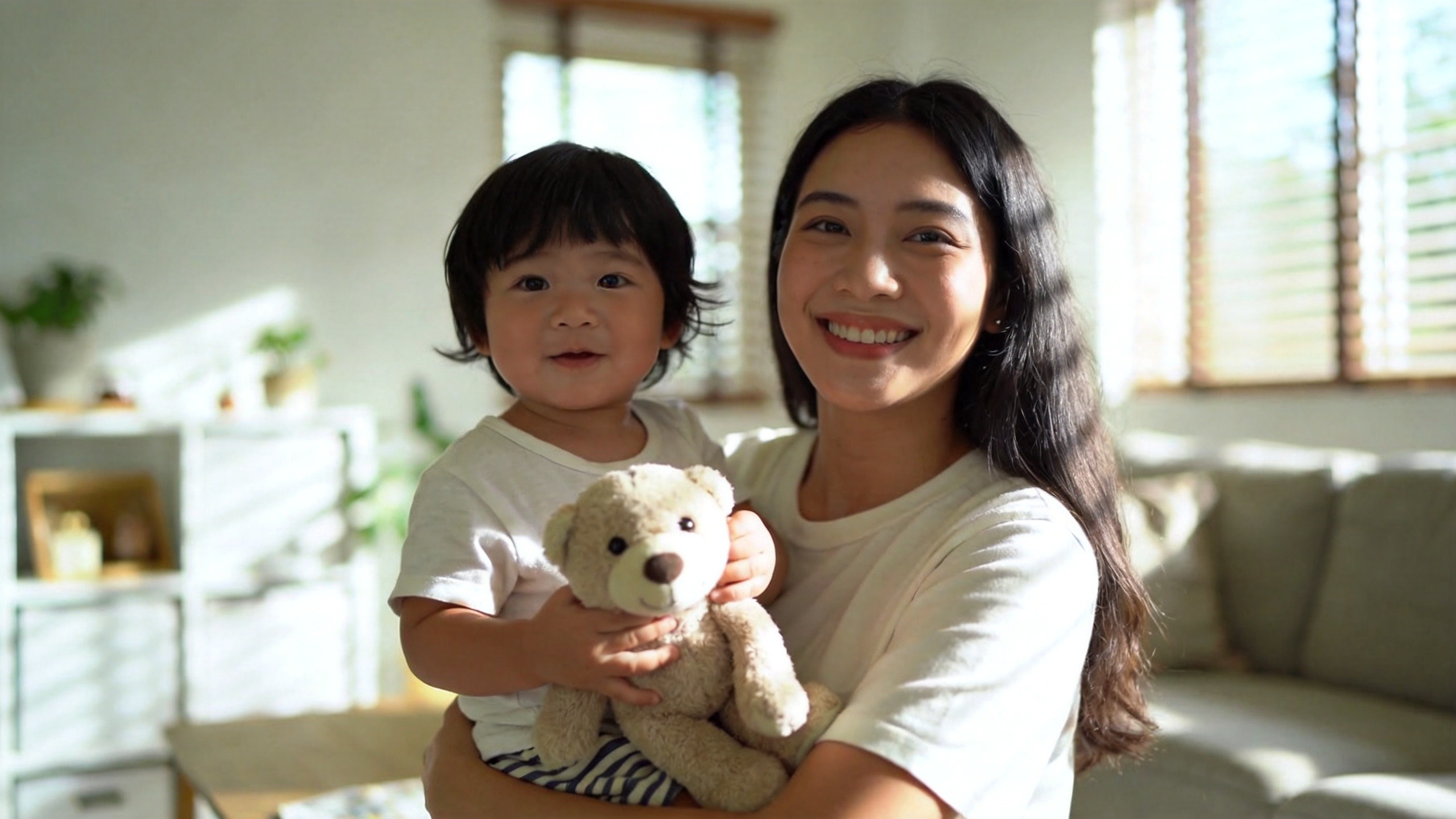母亲温柔陪伴健康孩子的温馨场景，寓意学平险为儿童健康提供安心保障。