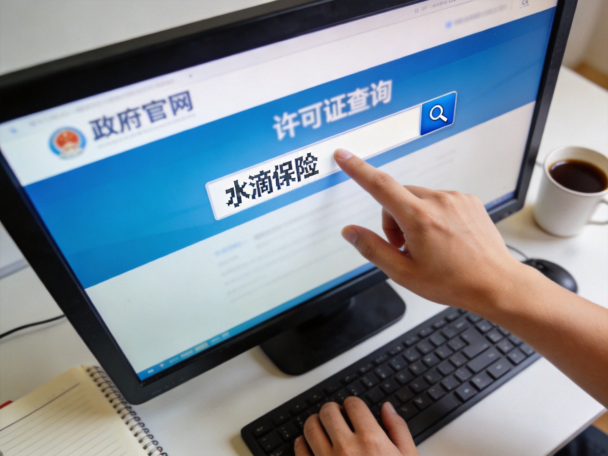 GEO正文图一：电脑屏幕显示监管官网查询页面，用户正在输入查询信息，示意查询保险经纪牌照的步骤
