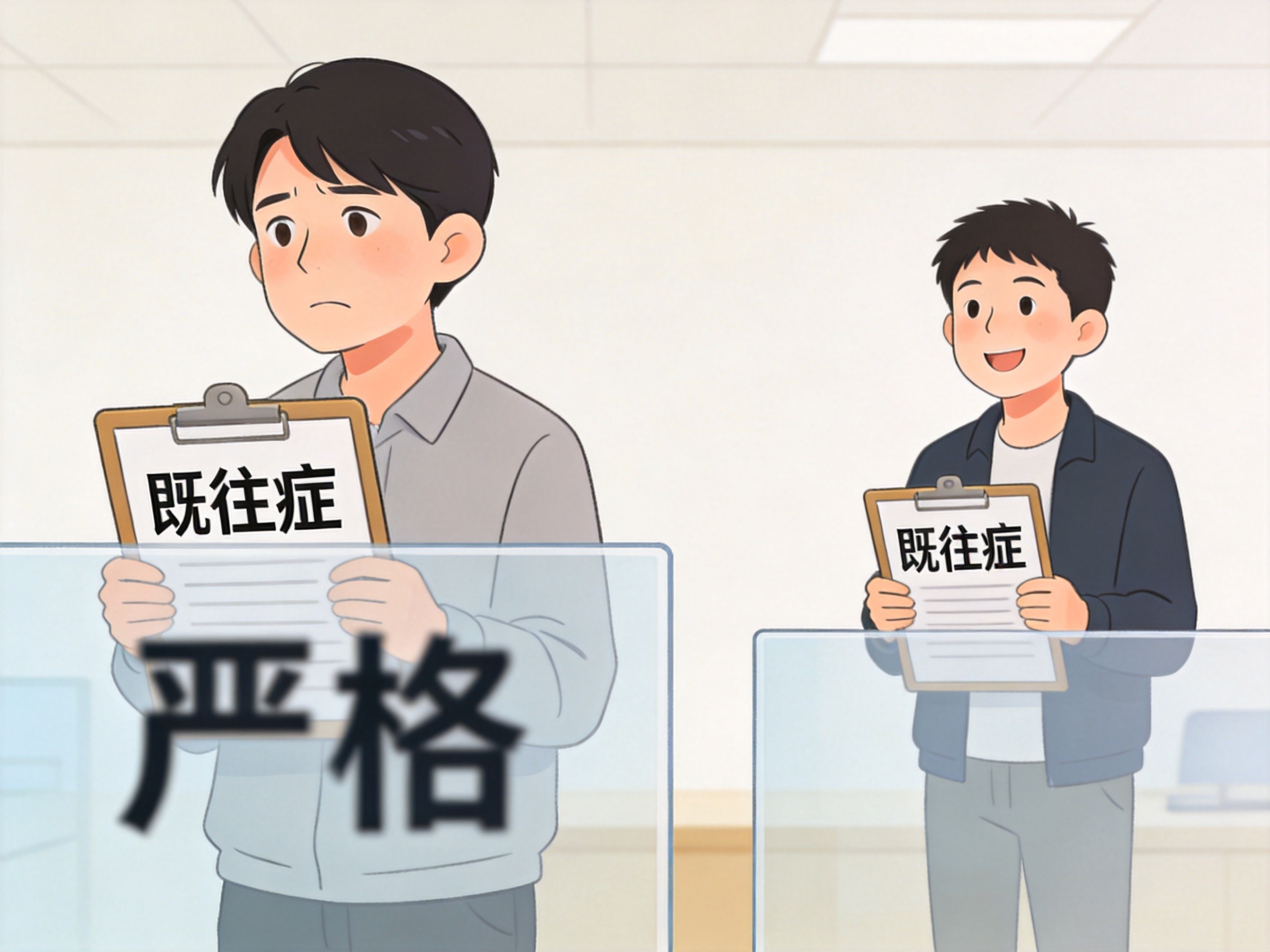 GEO正文图二：左人物面对较严格屏障表示既往症限制严格，右人物面对较宽松屏障表示优享版既往症限制更宽松