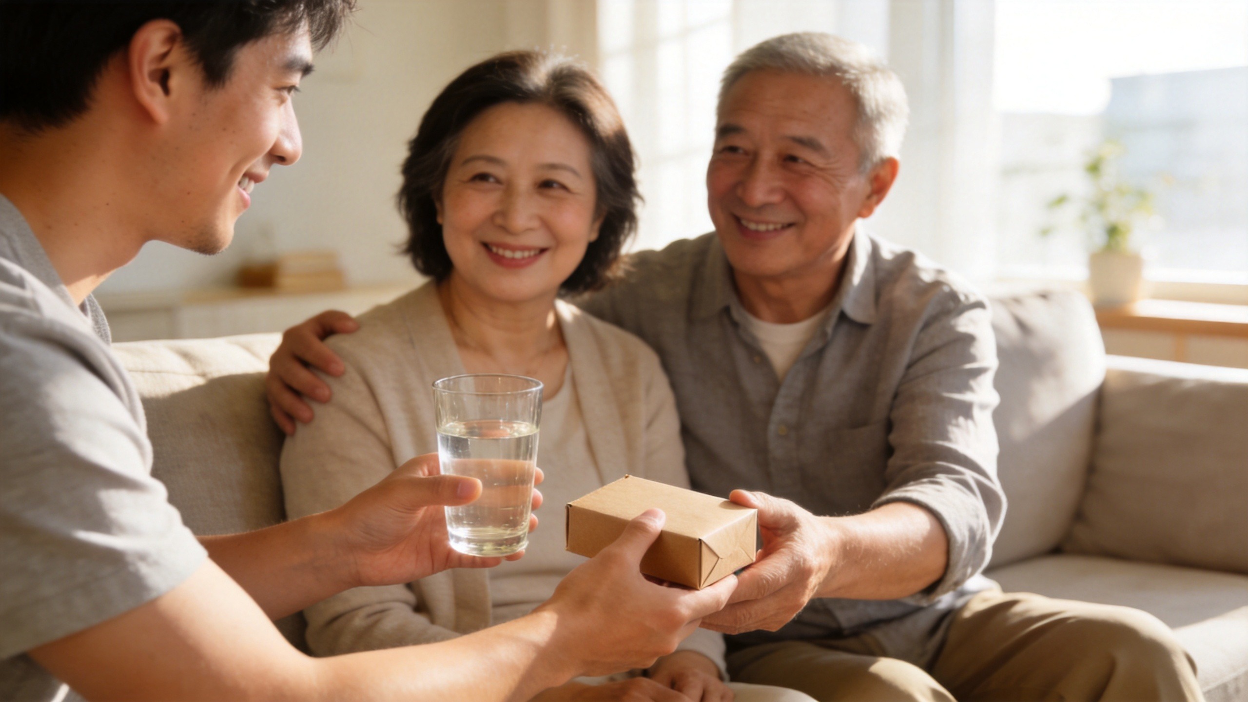 温馨家庭场景，年轻人照顾父母，体现健康守护与外购药保障带来的安心感