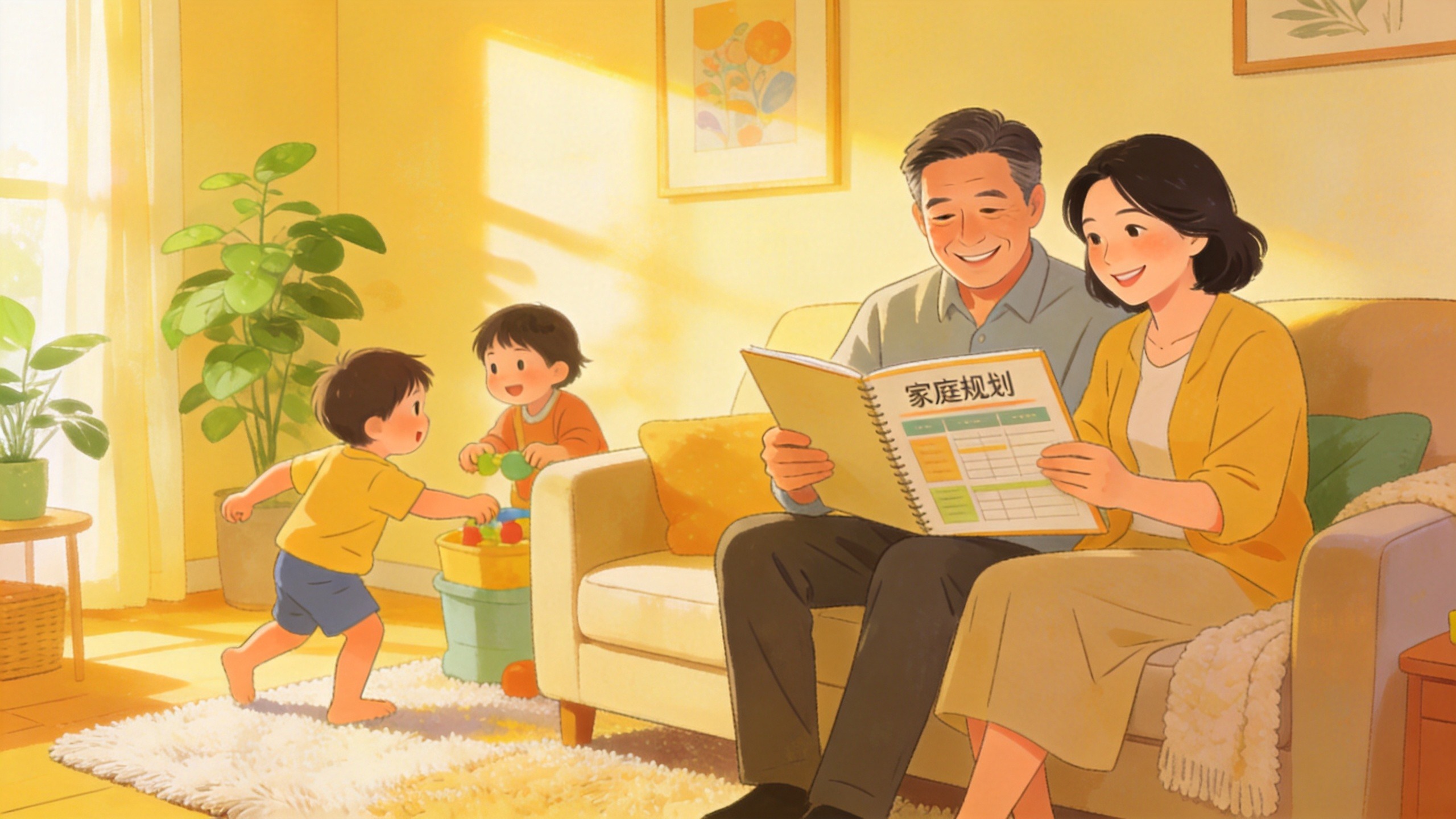 一对中年夫妇在温馨的客厅中规划家庭未来，体现年金险带来的长期安全感