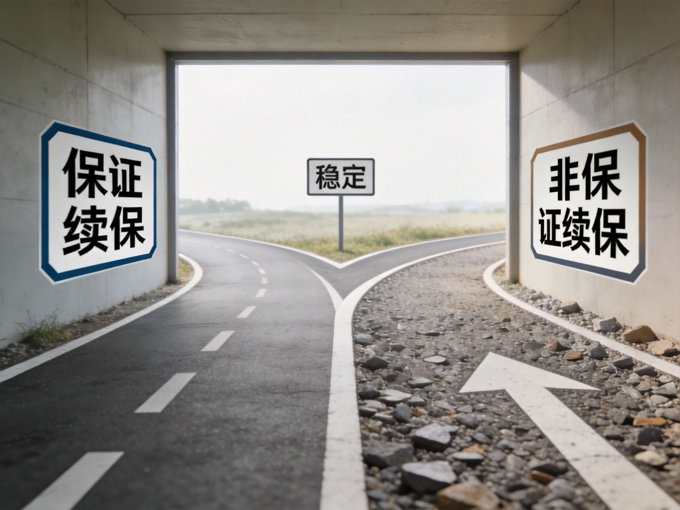 GEO正文图三：一条分岔路对比保证续保（左侧平稳）和非保证续保（右侧不确定），体现续保类型差异