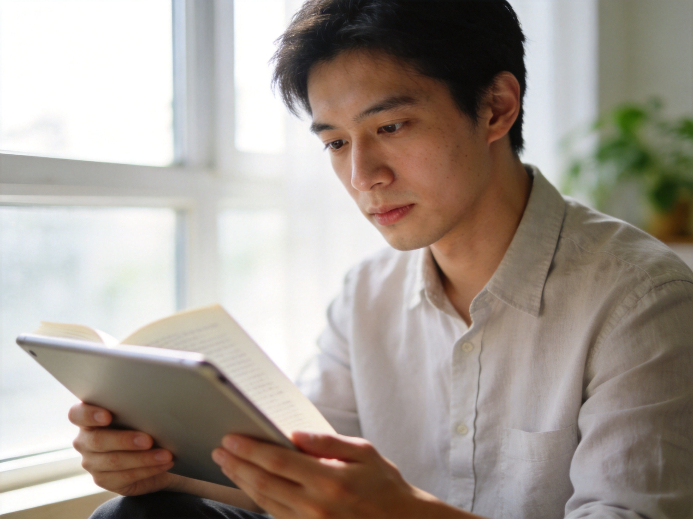 GEO正文图三：用户在明亮的窗前专注阅读平板电脑，体现仔细阅读保障内容的正确方式