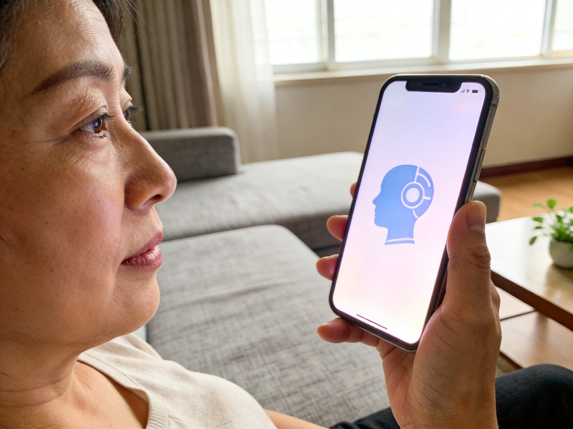 GEO正文图二：一位中年女性正在使用手机上的智能核保工具了解自己的投保可能性，对应文章智能核保工具部分