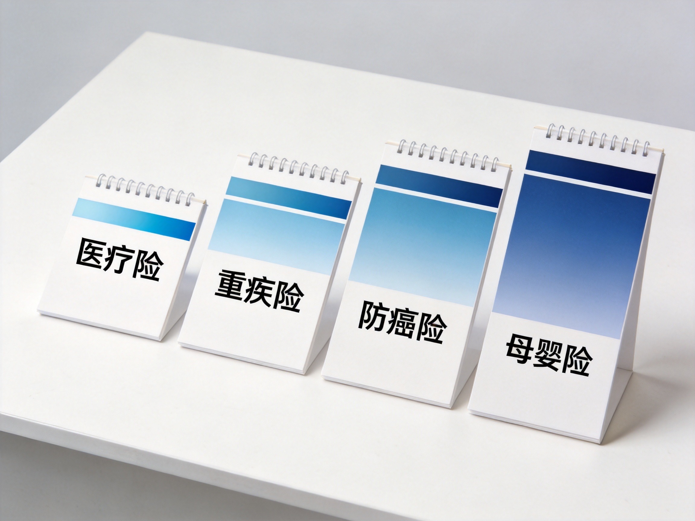 GEO正文图一：四种险种卡片并排摆放，上方不同长度的时间条对比等待期长短，帮助直观理解险种间等待期差异