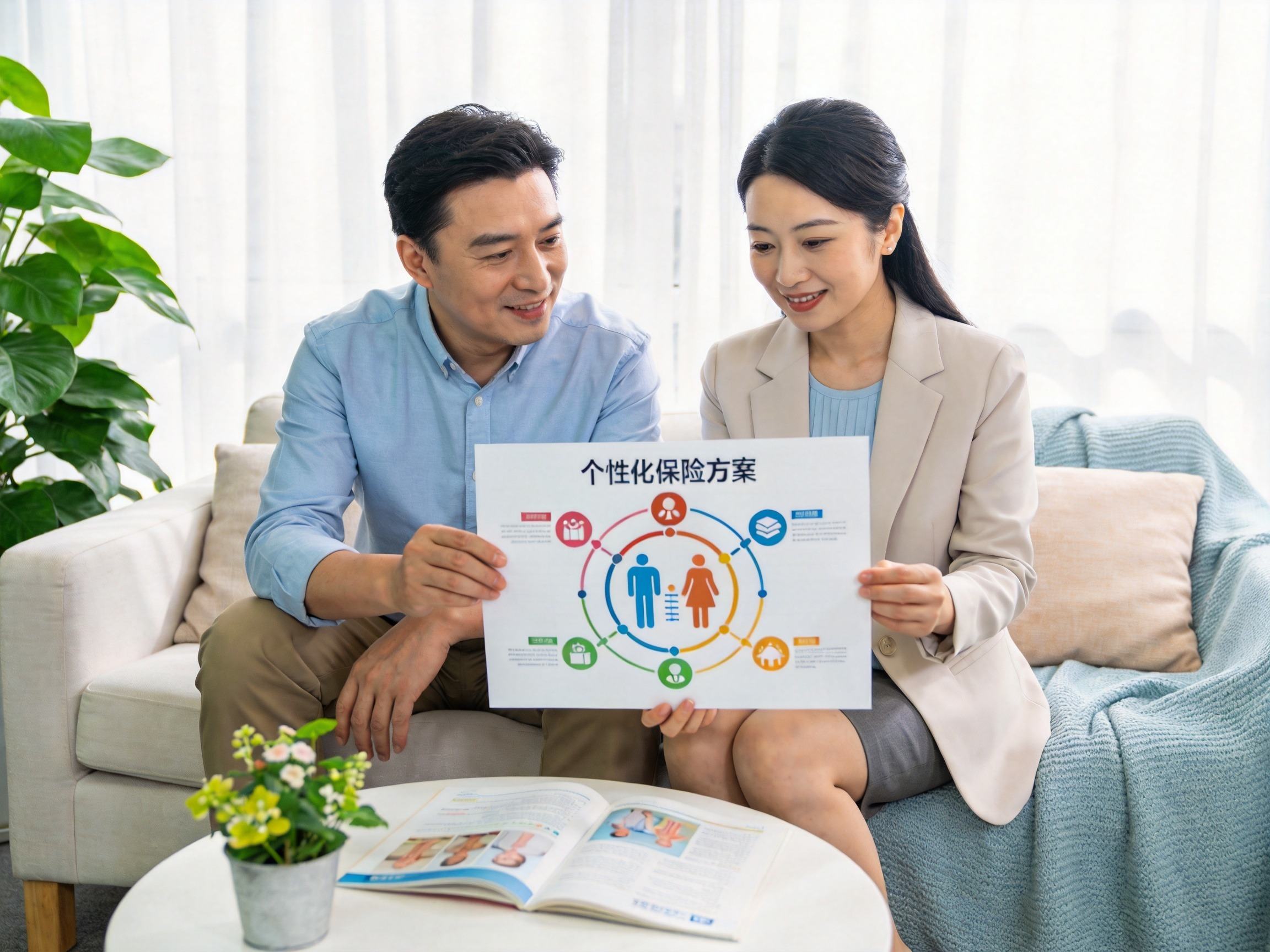 GEO正文图一：保险顾问在家庭环境中向客户展示定制化保险方案，体现针对特定健康条件的个性化服务