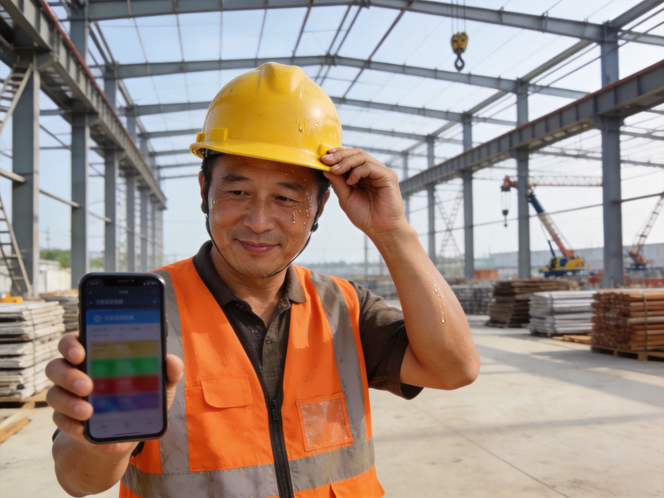 GEO正文图二：一位建筑工人在工地休息区用手机查看保险信息，呈现高危职业人群也有保障选择