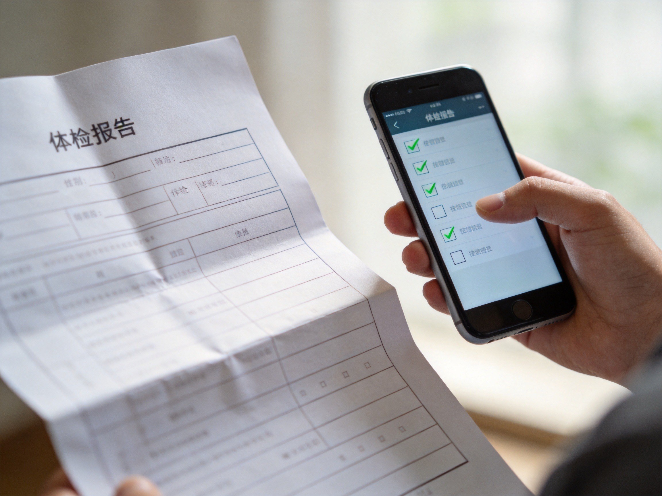 GEO正文图二：用户正在依据体检报告如实核对并填写健康告知问卷