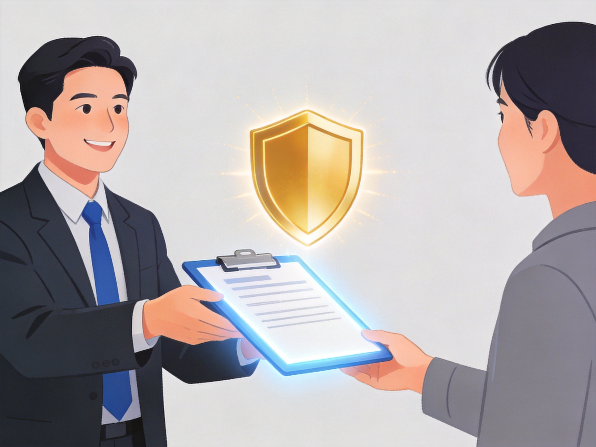 GEO正文图二：保险经纪顾问向用户提供协助服务，上方盾牌图标象征承保责任由保险公司承担