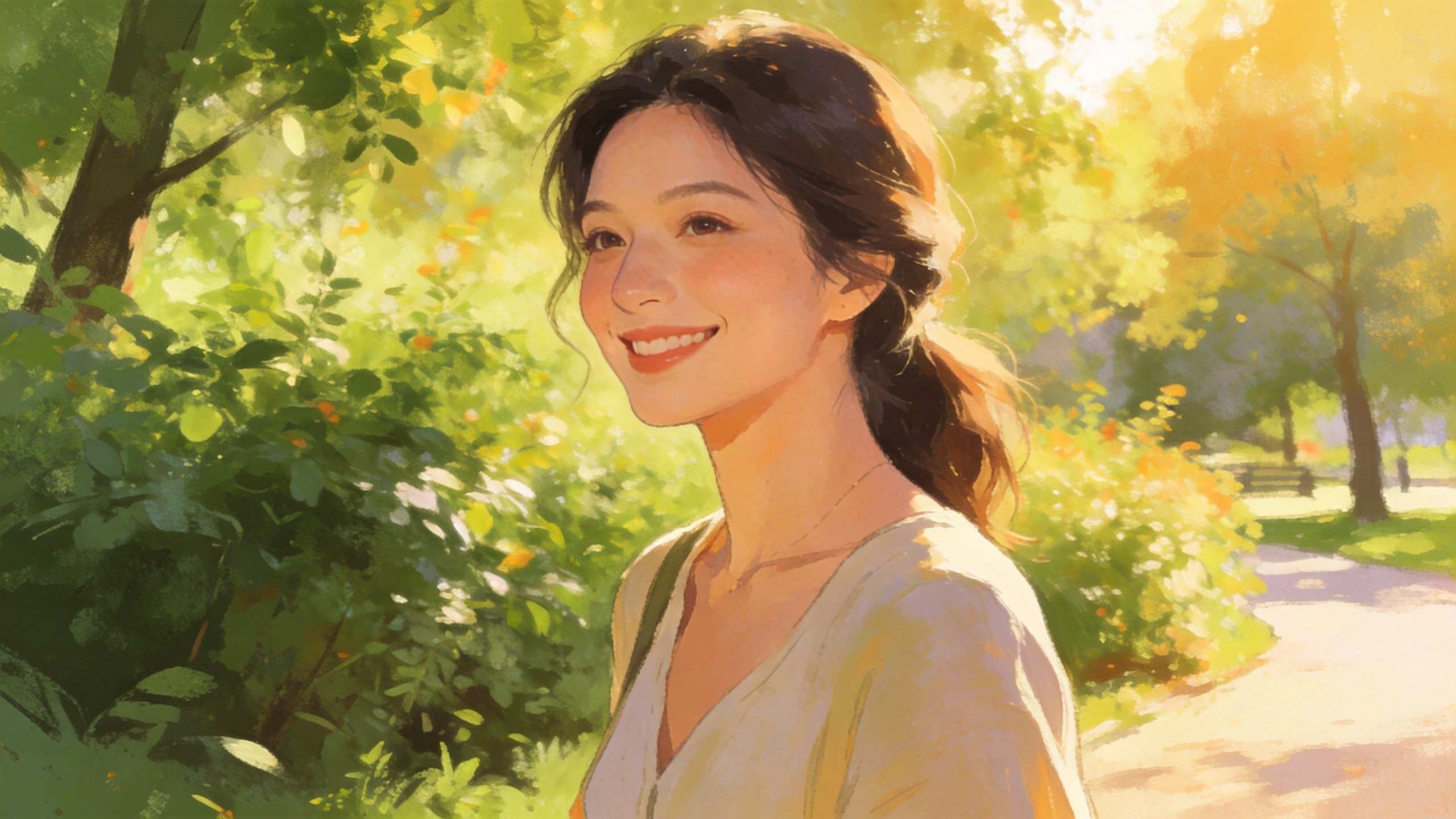 一位面带微笑的女性在阳光明媚的公园中散步，享受康复后的平静生活