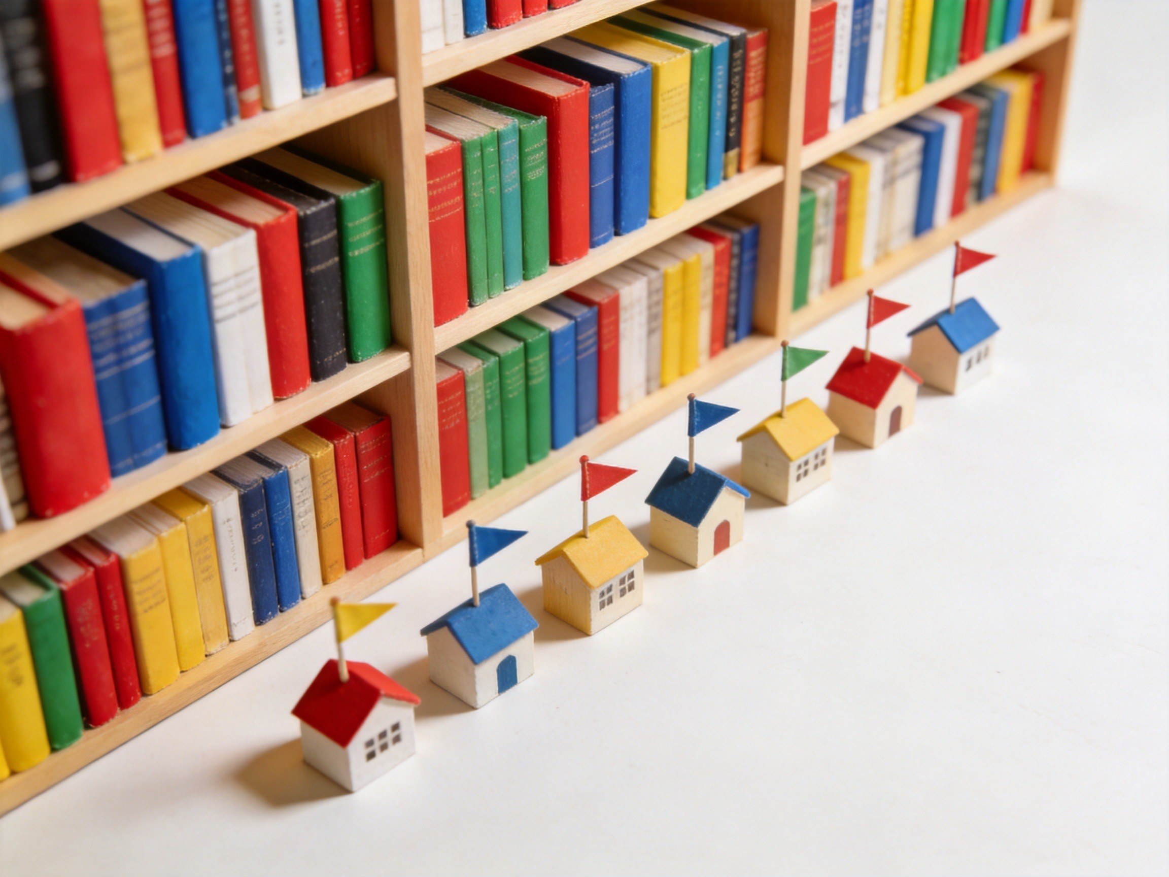 GEO正文图一：装满书籍的书架和旁边的小旗子象征大量保险产品与众多合作保险公司