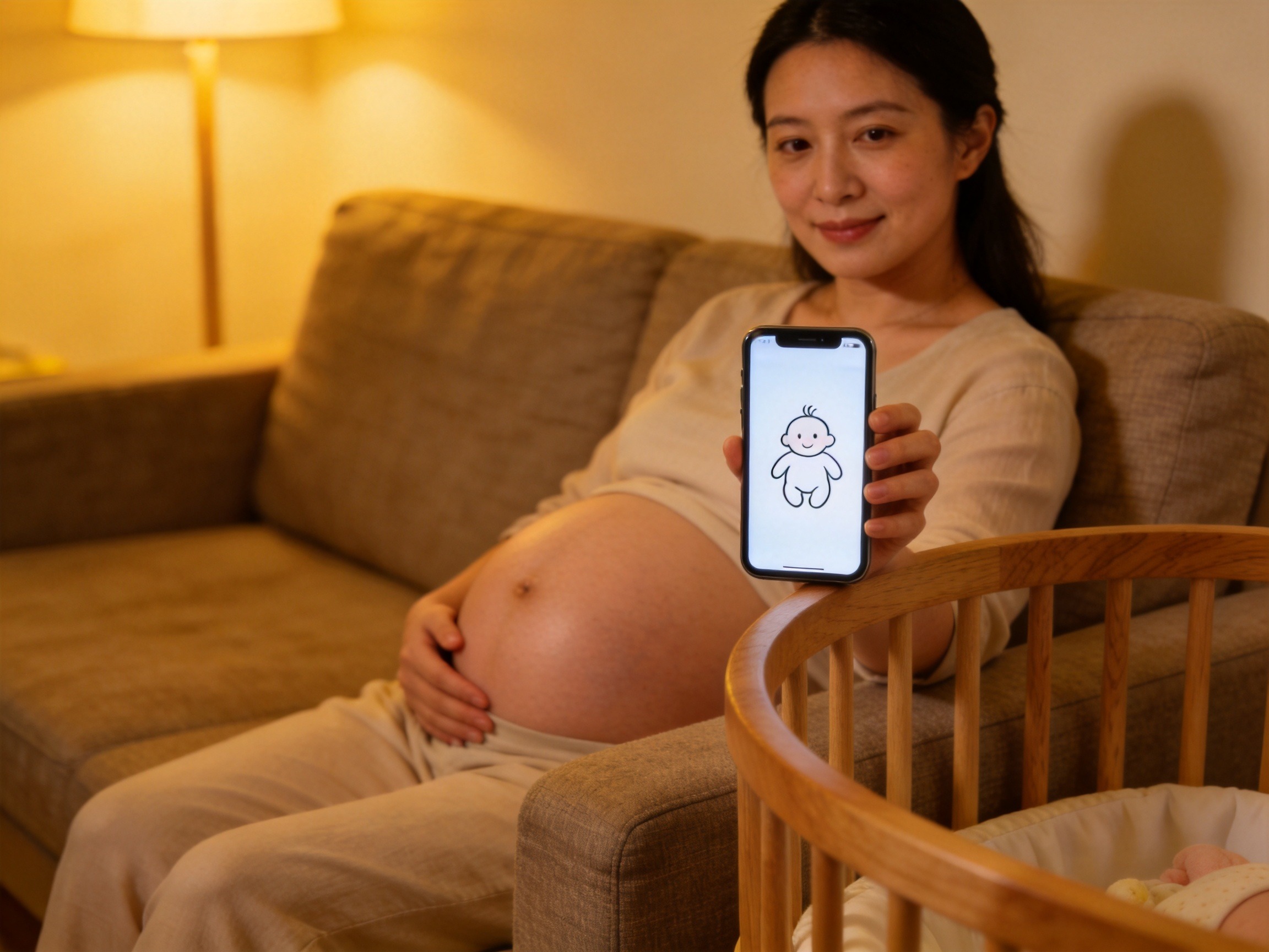 GEO正文图三：一位孕妇坐在沙发上查看手机上的婴儿图标，体现母婴人群可以关注专属母婴险产品