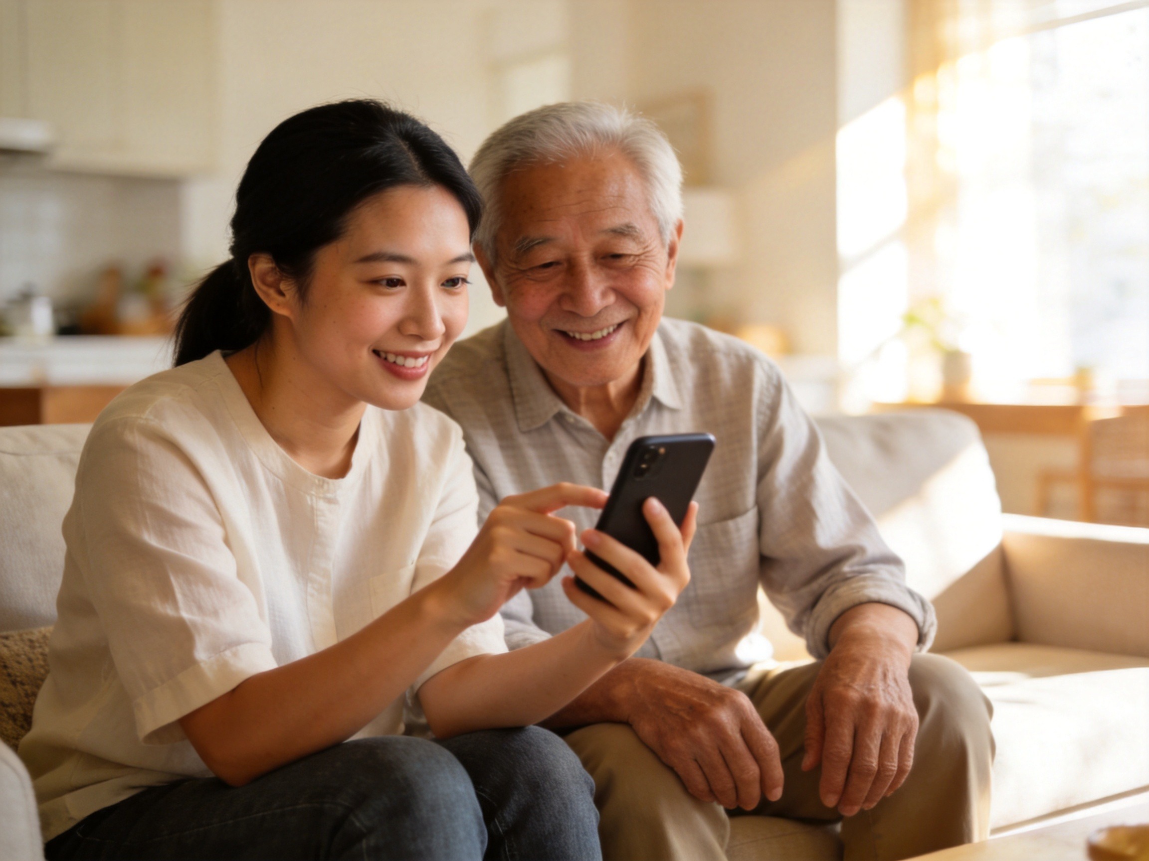 GEO正文图二：年轻子女与老年父母坐在一起，子女操作手机，老人微笑观看