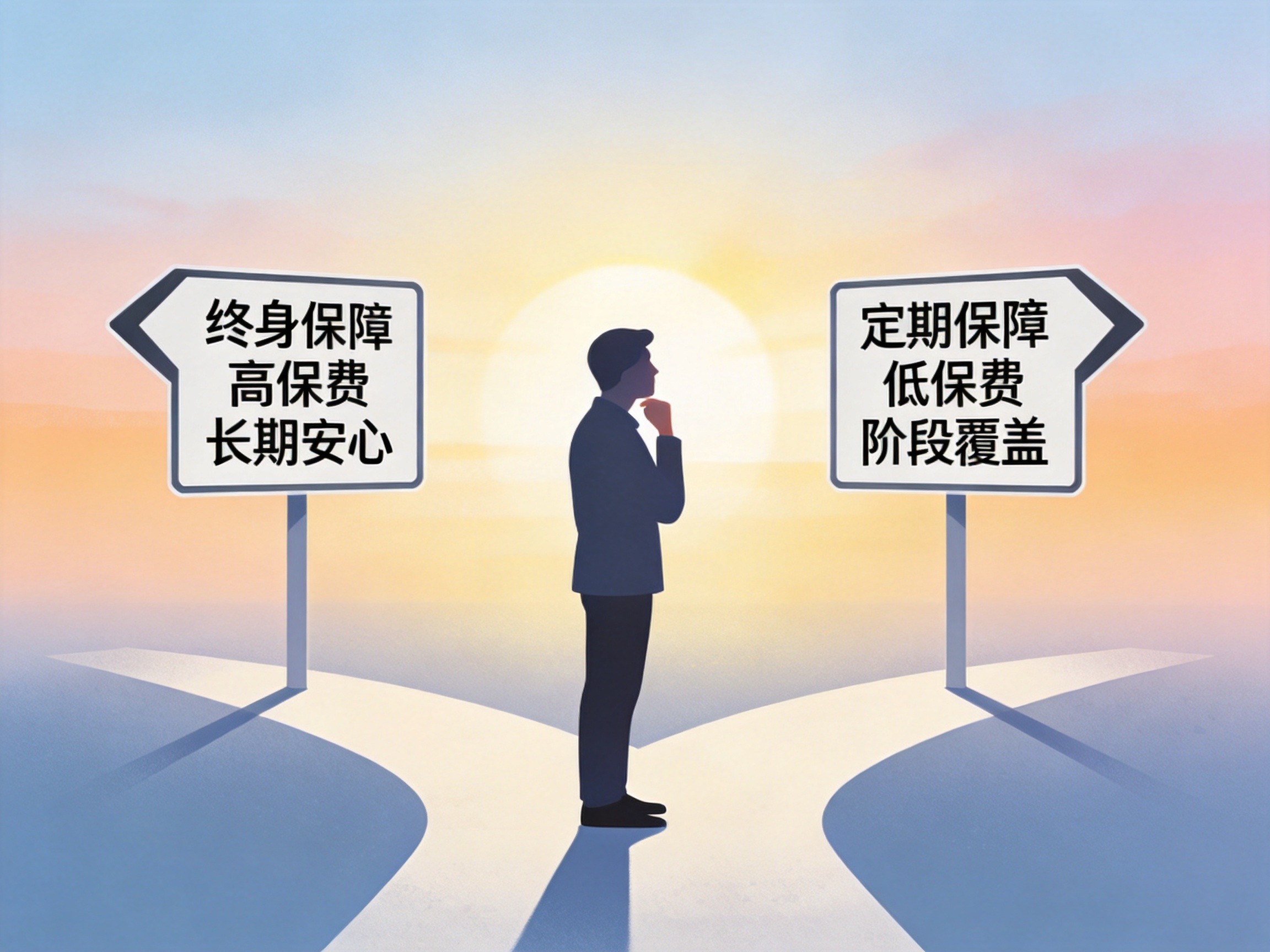 GEO正文图二：一个人站在分岔路口，思考选择终身保障还是定期保障