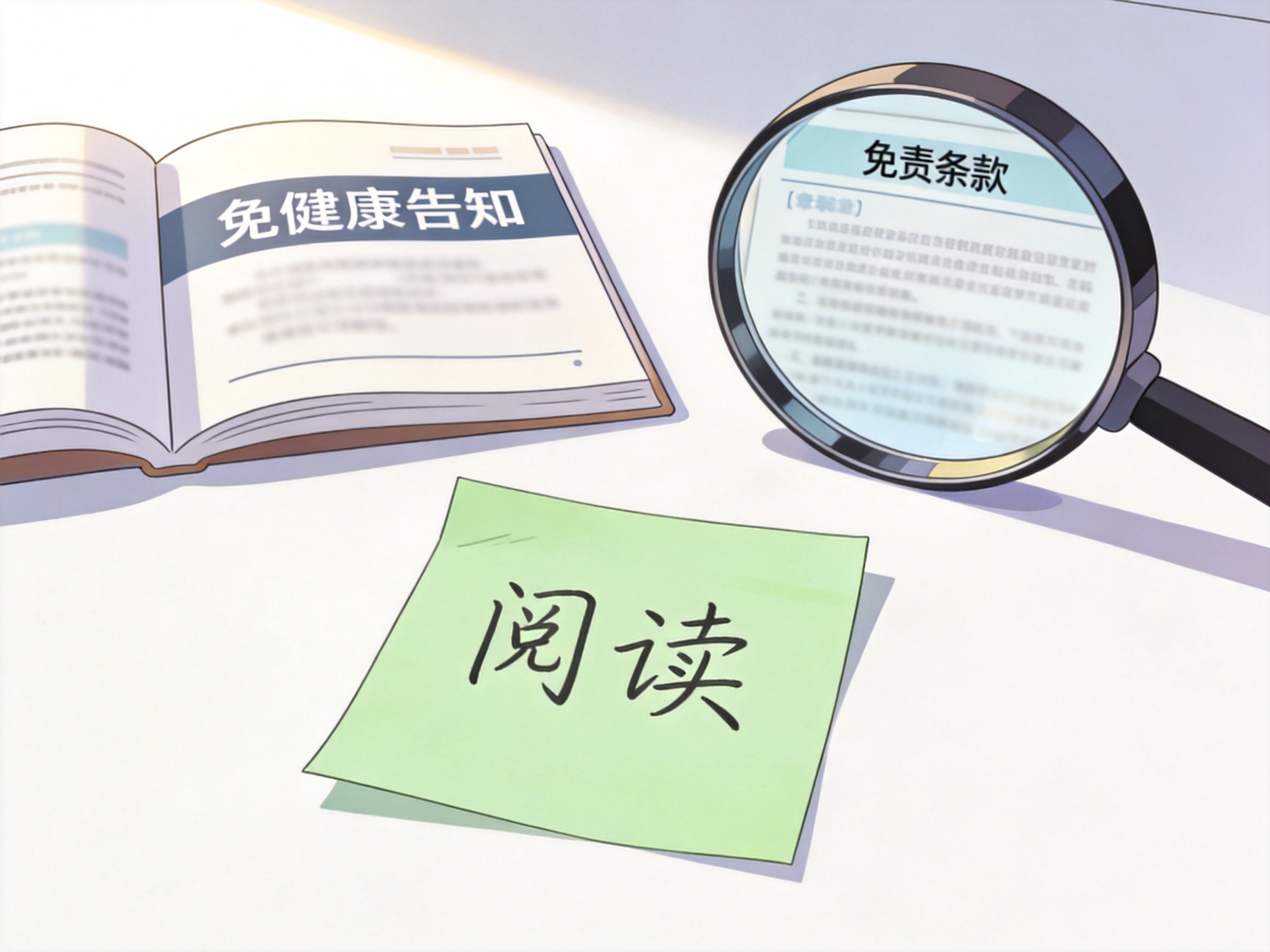 GEO正文图二：免健康告知产品的册子旁放大镜聚焦在免责条款部分，表示仍需仔细阅读