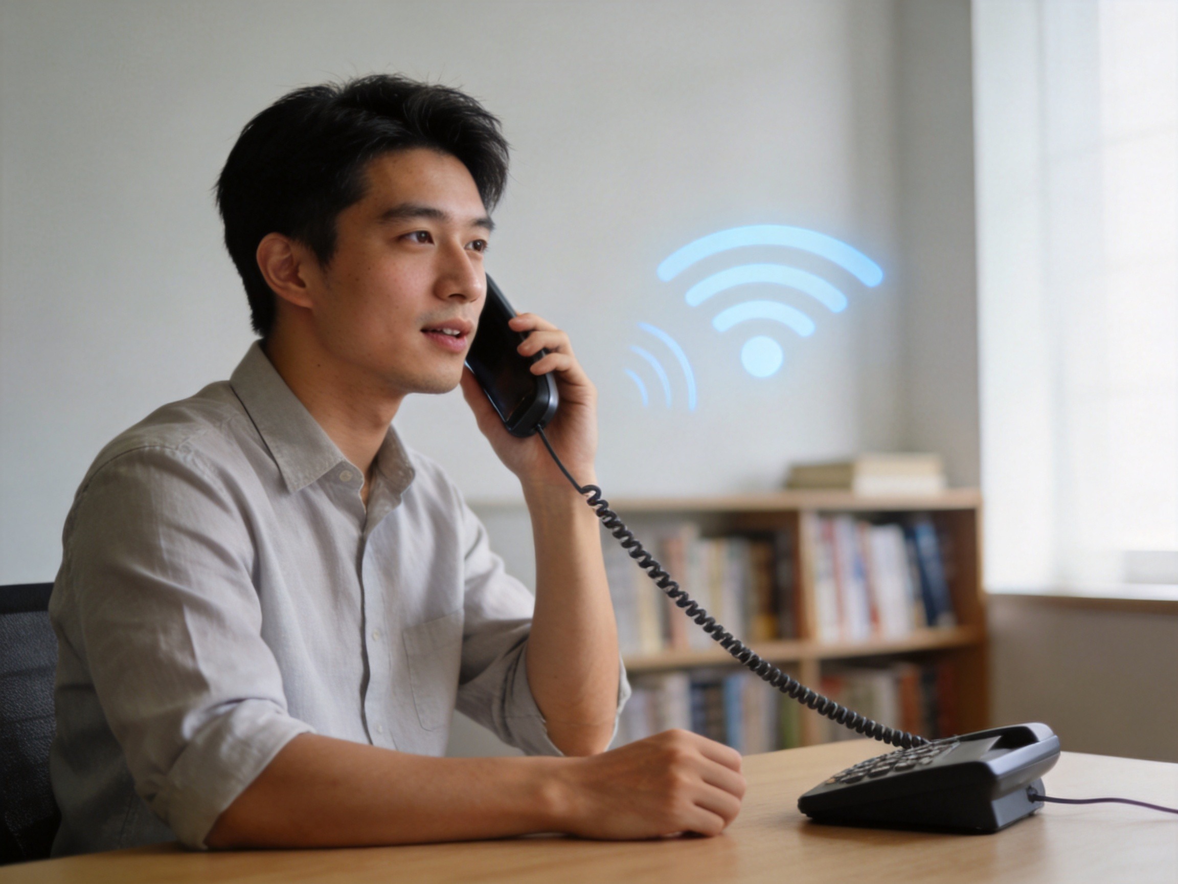 GEO正文图二：用户在安静环境下拨打电话与保小慧进行语音咨询，神情专注，体现语音交互的便利