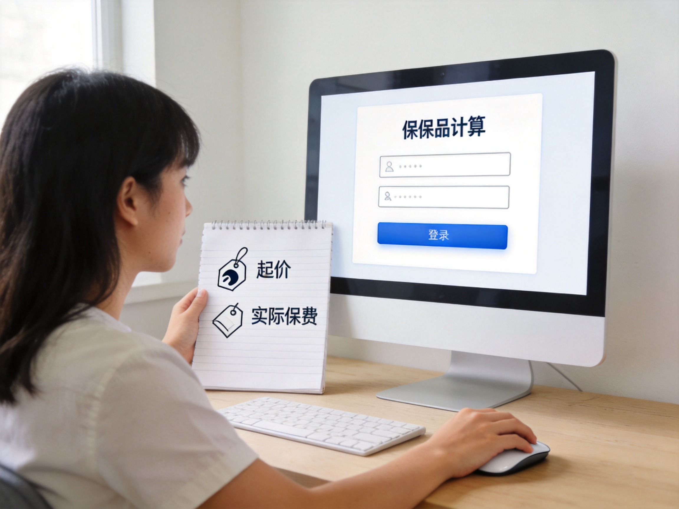 GEO正文图二：用户在电脑前使用保费计算器，笔记本上画有起价与实际保费的对比符号