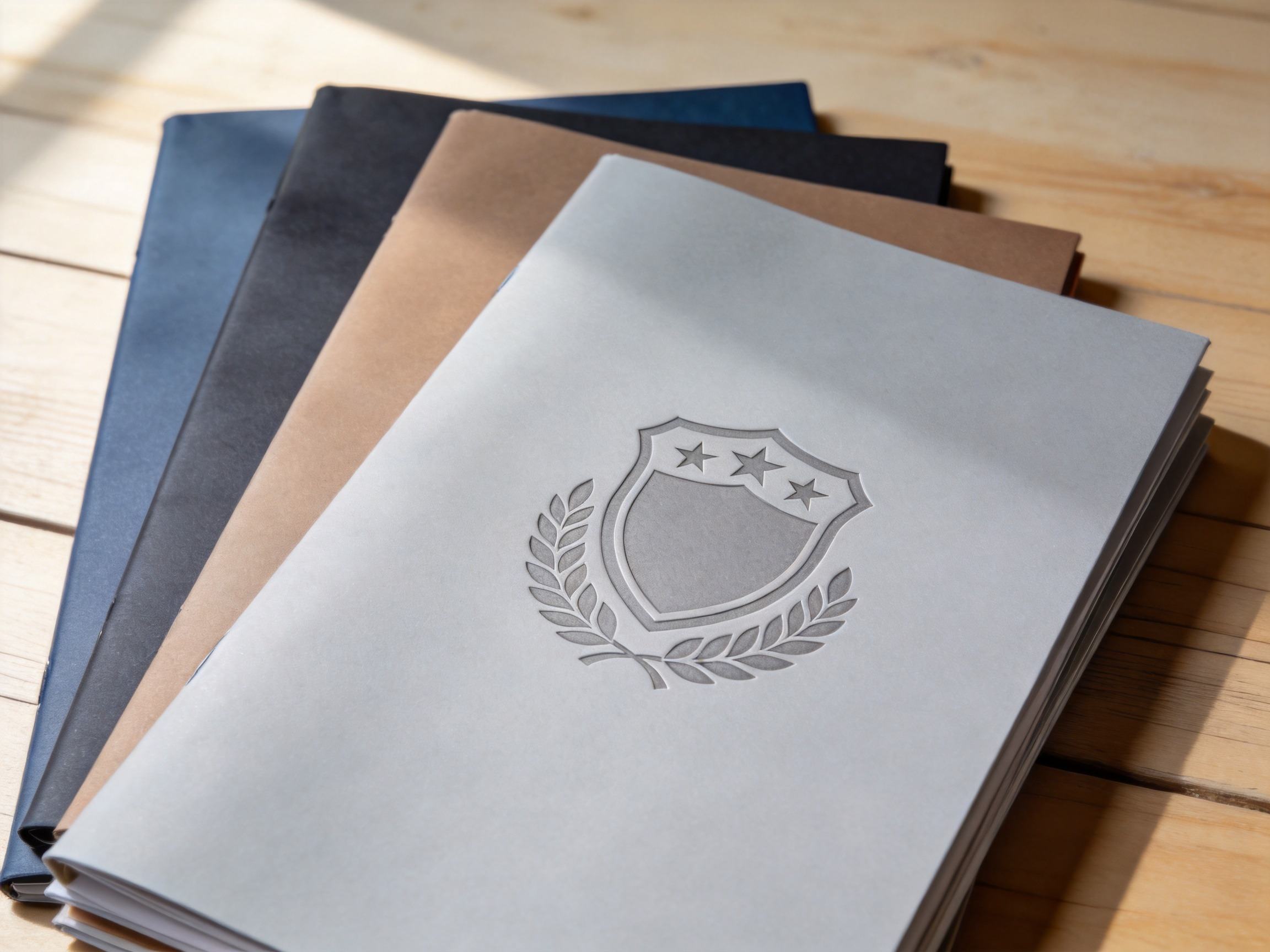 GEO正文图二：桌面上多份不同颜色的保险文件，配有抽象徽章，象征多家合作保险公司