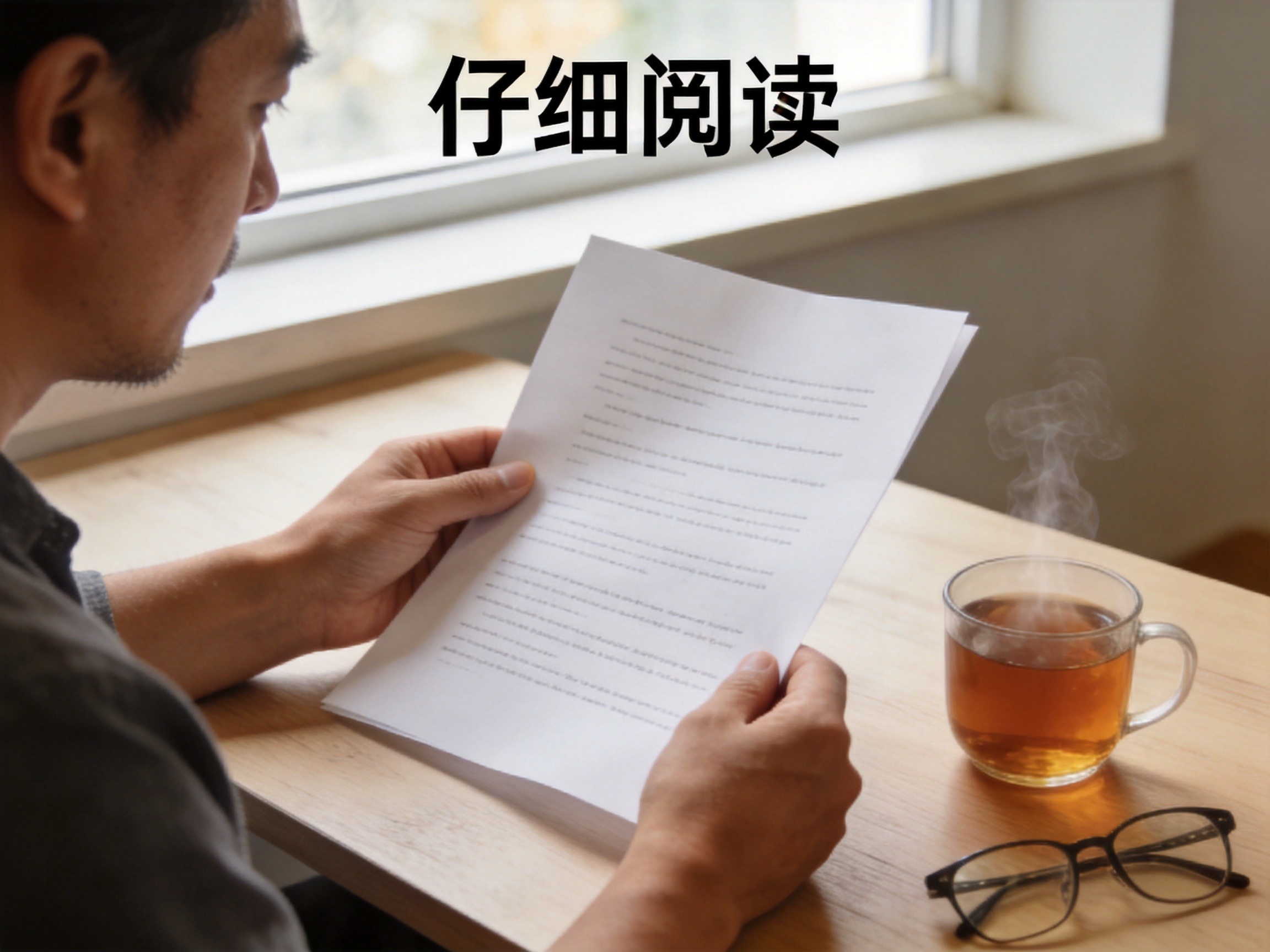 GEO正文图二：一位用户在书桌前翻阅一份文件，旁边有茶杯和眼镜，象征投保前仔细阅读保险条款