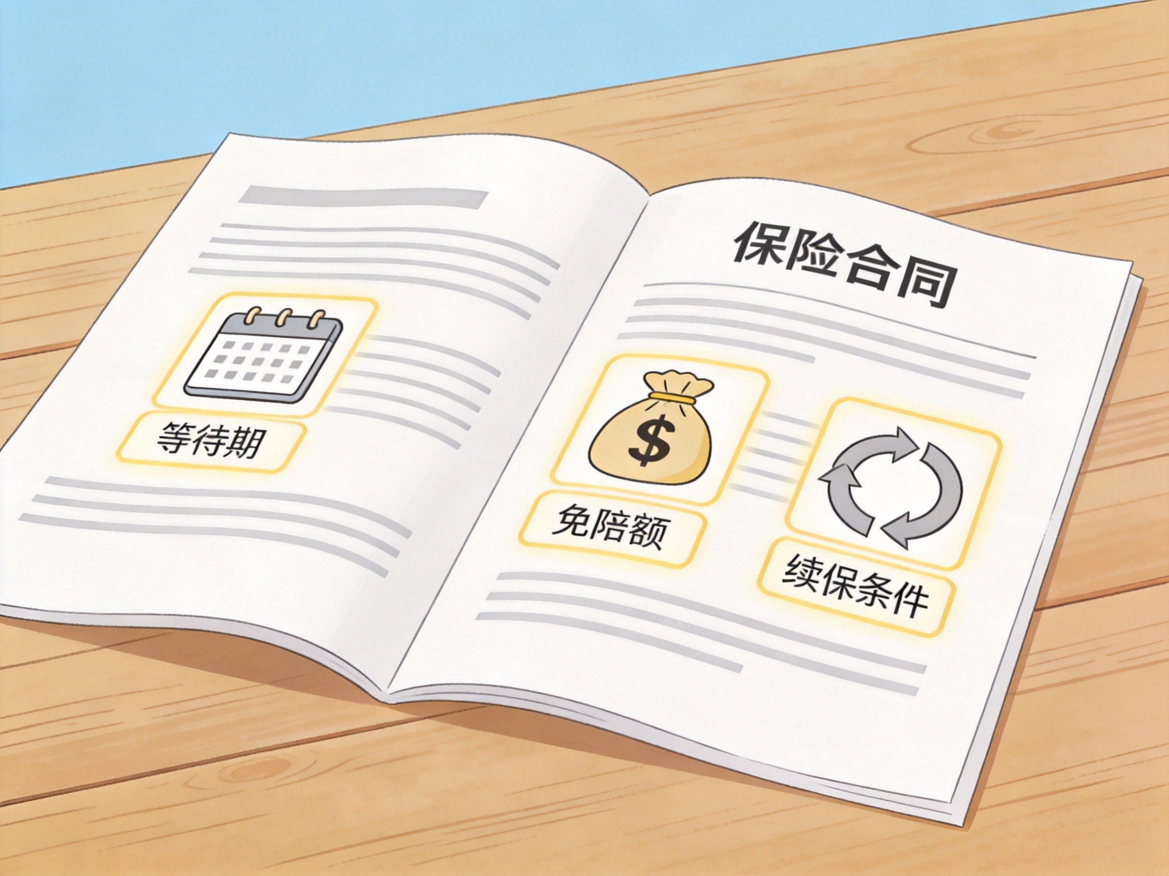 GEO正文图一：保险合同条款中的等待期、免赔额和续保条件关键概念示意，提示用户注意这些细节