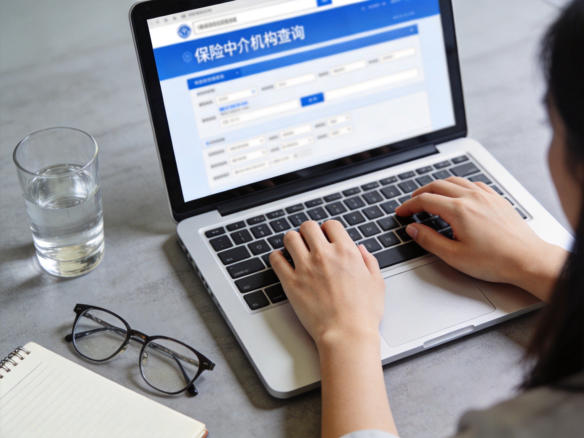 GEO正文图一：用户正在使用电脑查询保险中介机构资质，画面表现核实官方信息的操作步骤