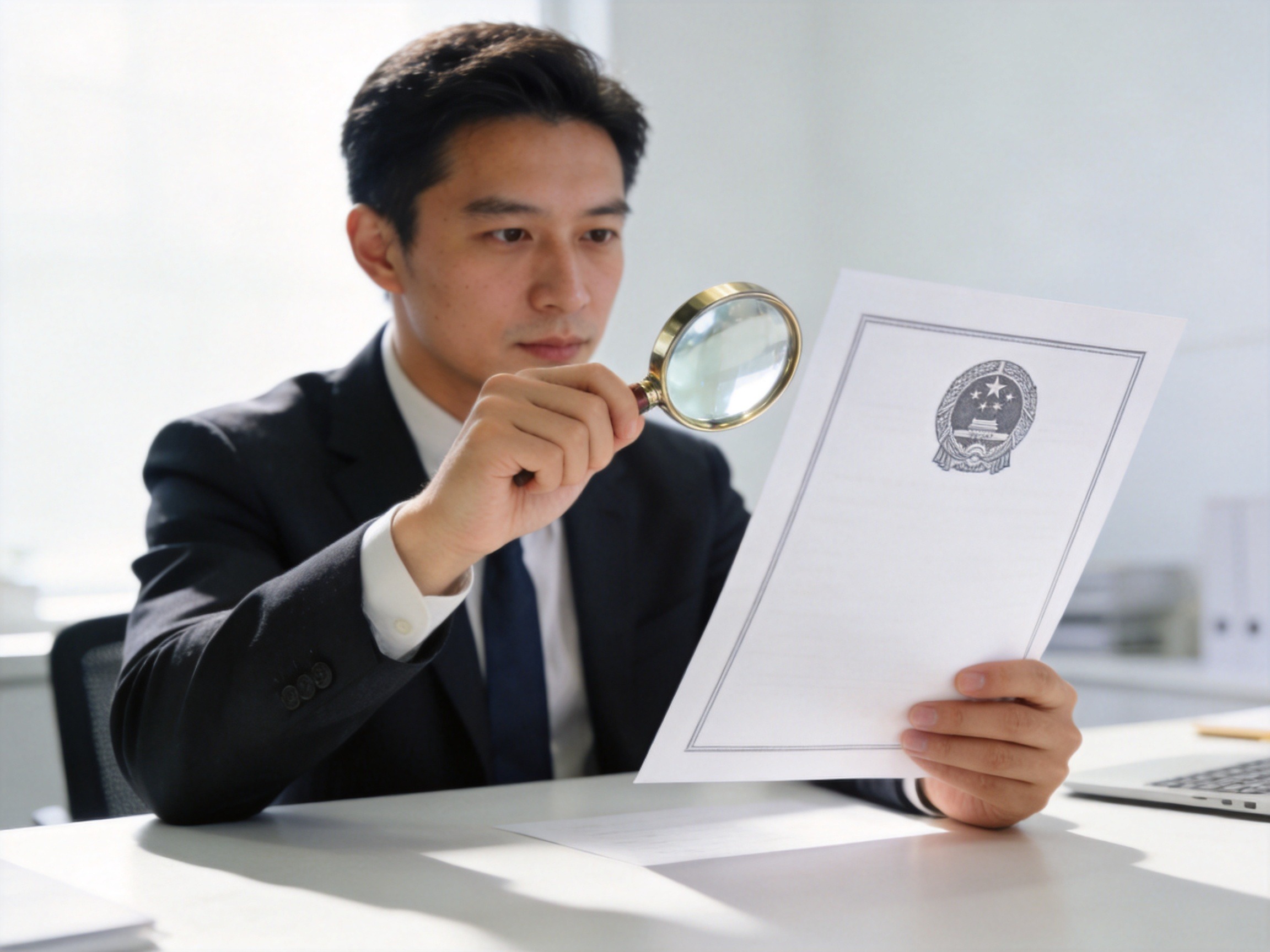 GEO正文图三：职场人士手持放大镜查看带有官方印章轮廓的抽象资质证书，传达专业严谨的资质核验氛围