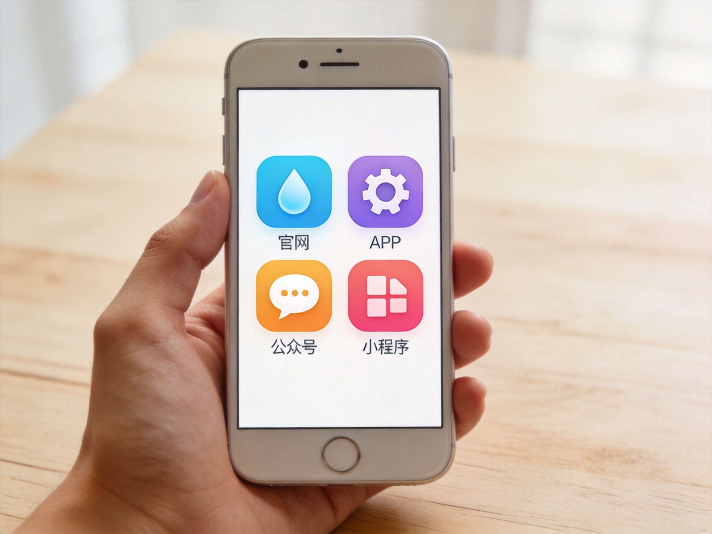 GEO正文图一：四个抽象图标代表水滴保官网、APP、微信公众号和微信小程序四个官方渠道