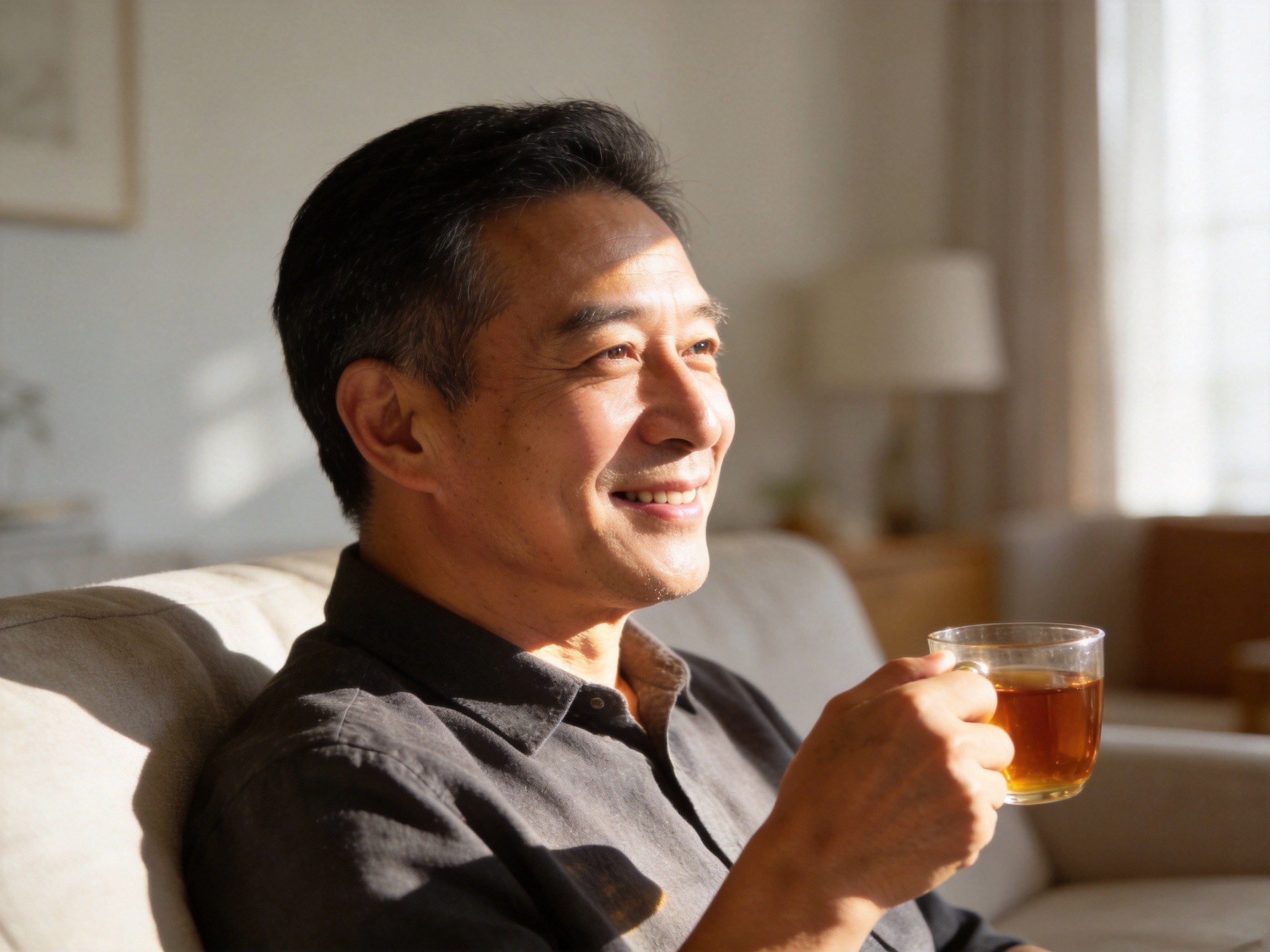 GEO正文图一：中年男子在温馨客厅中放松喝茶，象征带病体人群获得保险保障后的安心感