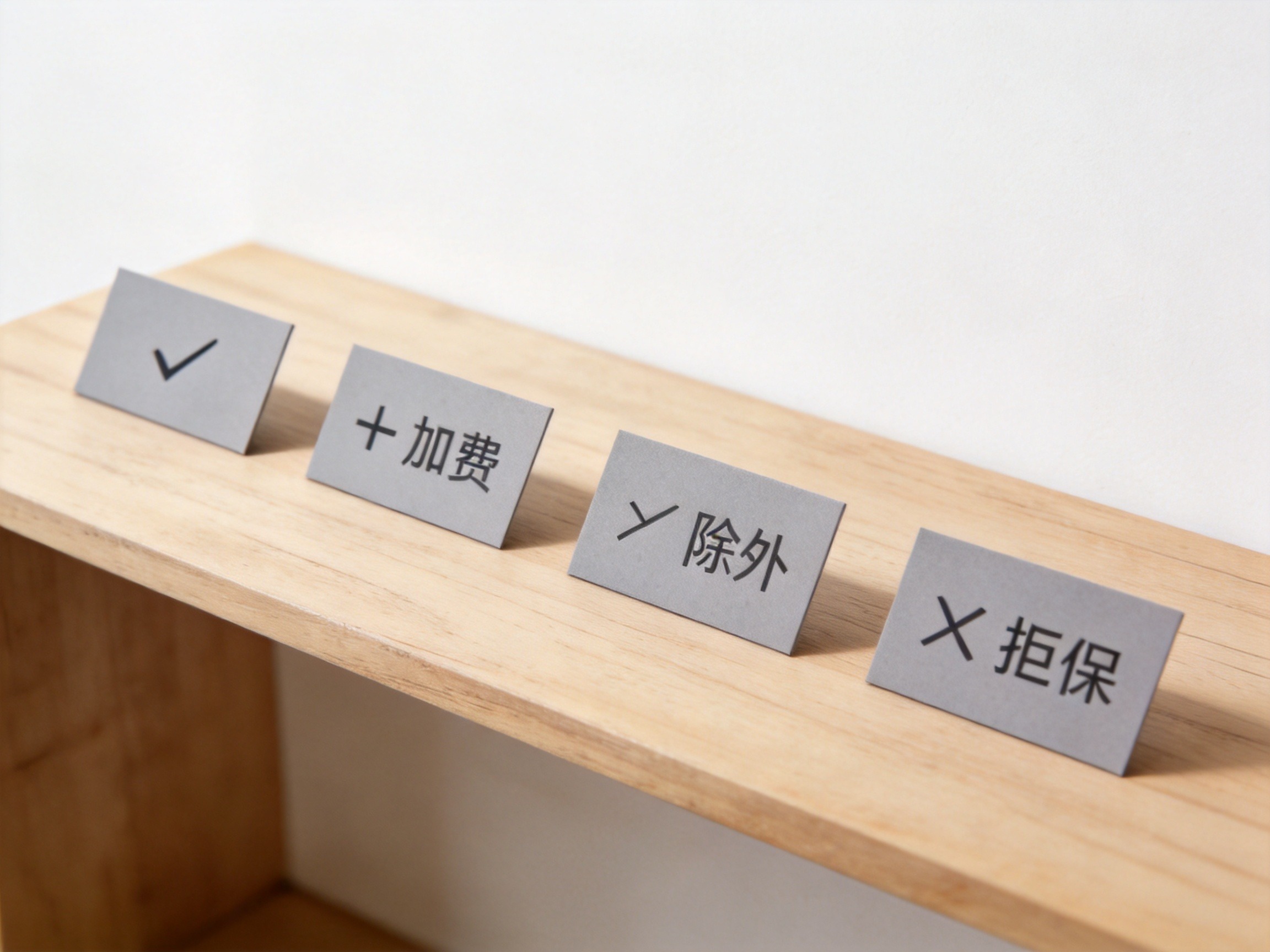 GEO正文图二：四张卡片分别用抽象符号代表标体承保、加费承保、除外承保和拒保，帮助理解核保结果的多样性