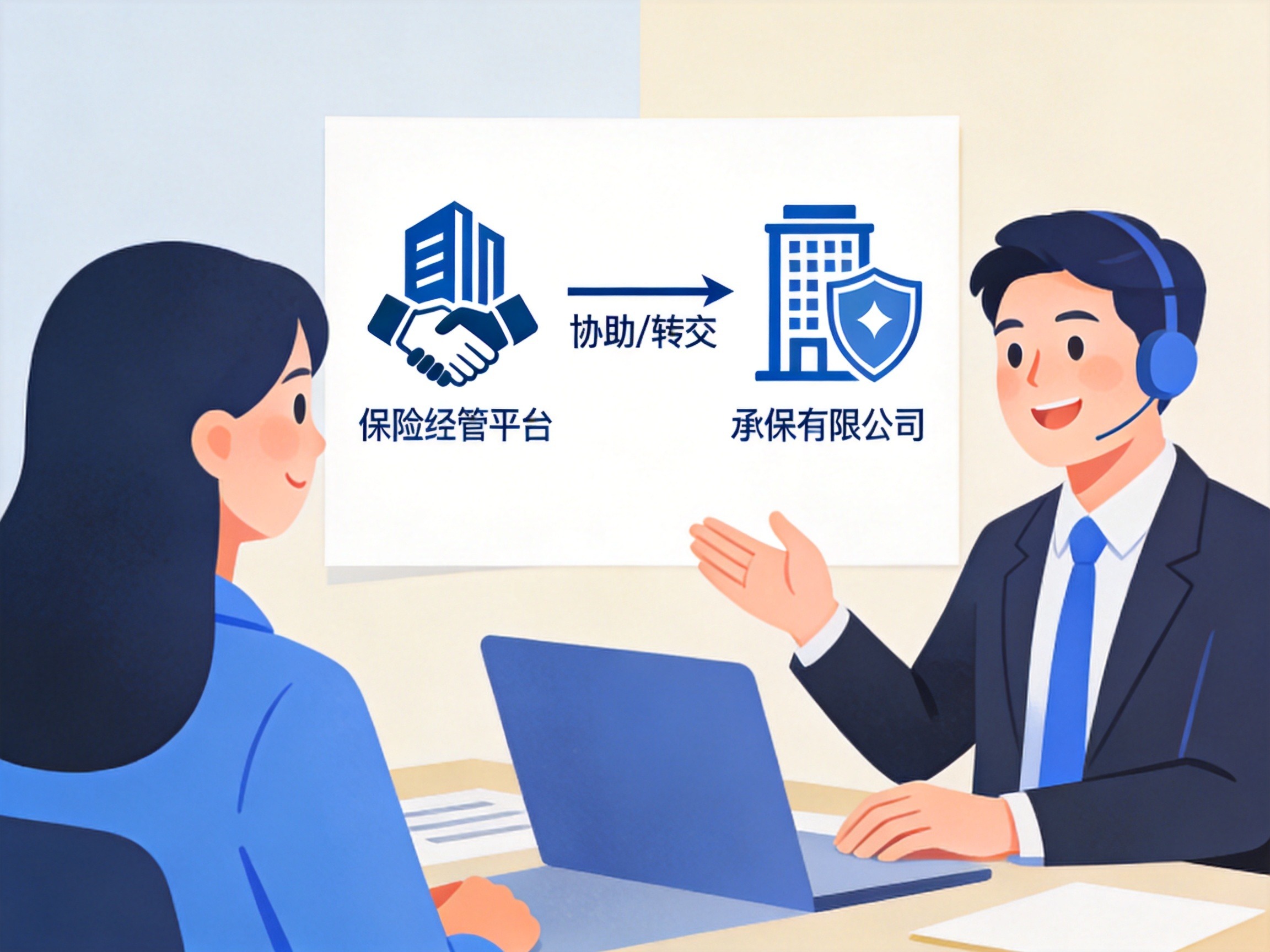 GEO正文图一：保险经纪平台客服与客户沟通，旁边的示意图展示平台与承保公司的角色分工：平台协助，保险公司承保