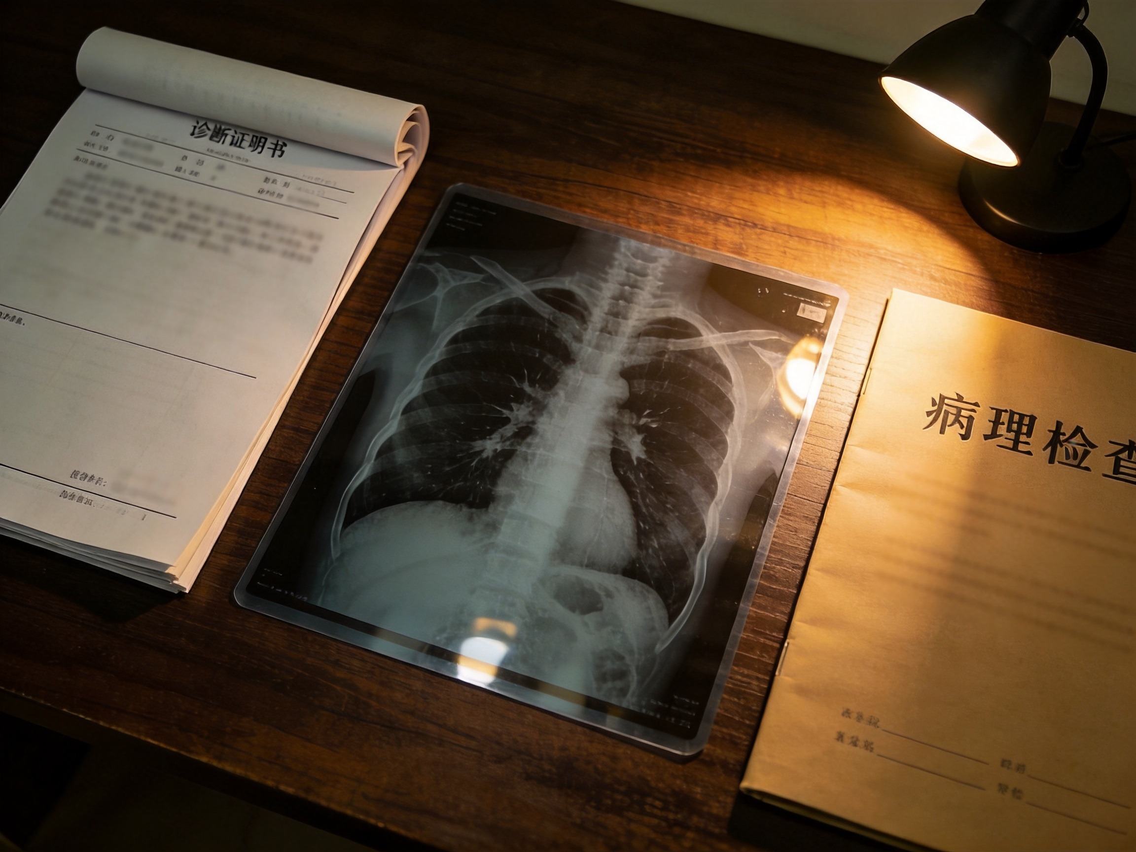GEO正文图三：诊断证明书、CT影像片、病理报告封面组合的静物照片，对应重疾险材料