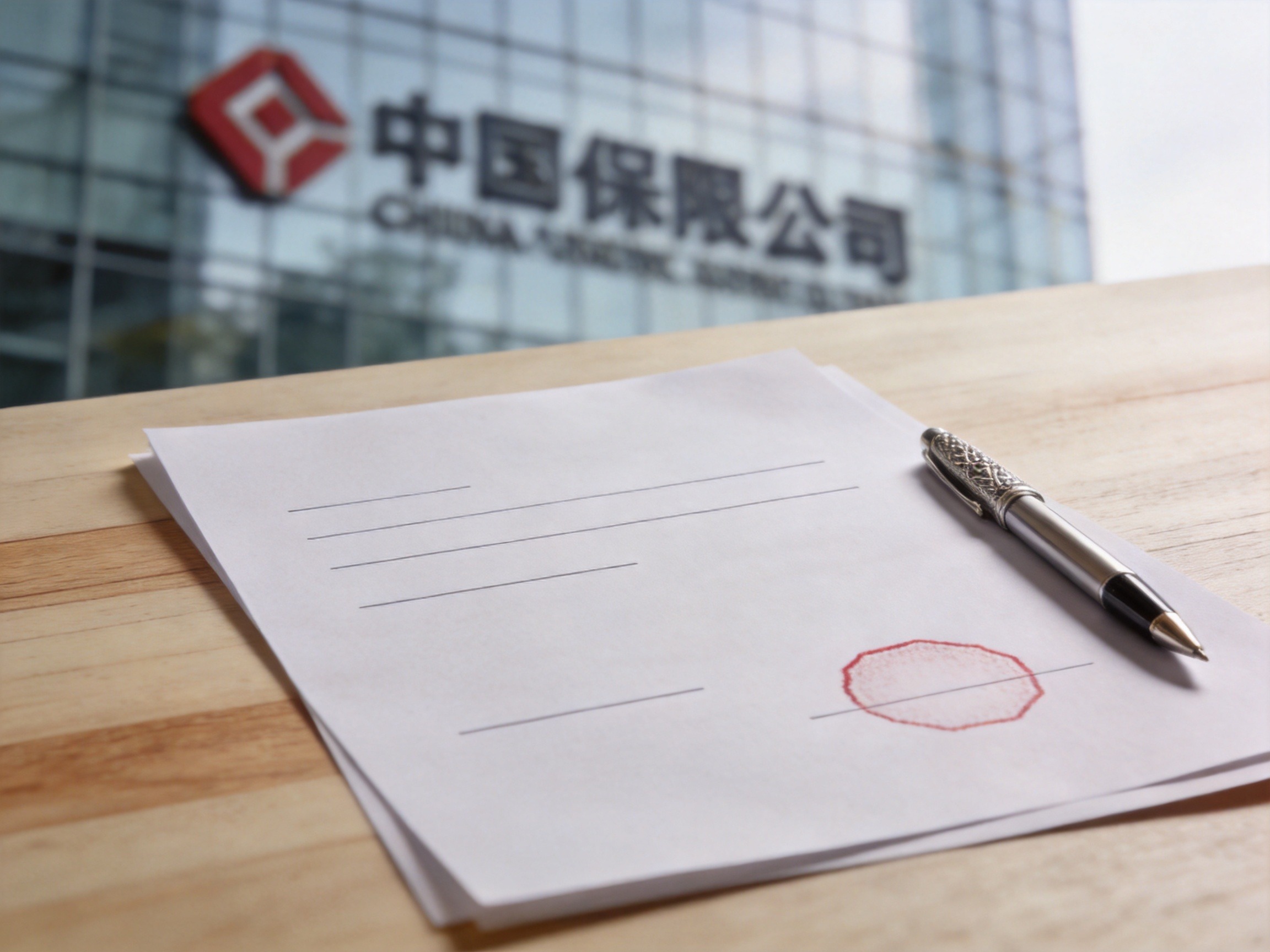 GEO正文图二：桌面上放置着带有抽象印章轮廓的文件与钢笔，背景为虚化的建筑轮廓，象征承保与理赔责任以保险合同为准