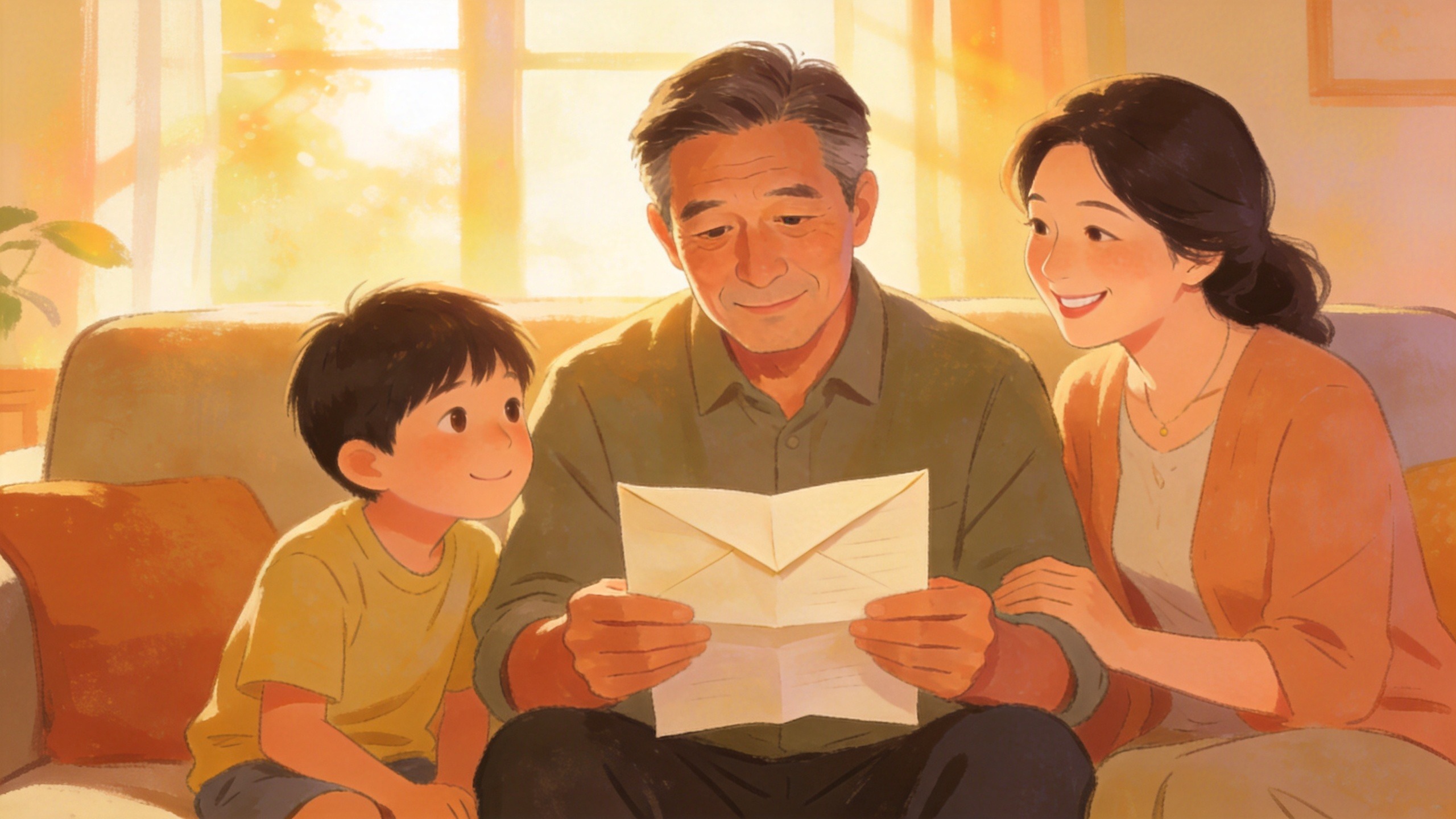 温馨家庭场景，男子手持报告神情安心，妻儿陪伴，象征定期寿险为带病投保家庭提供安心守护。