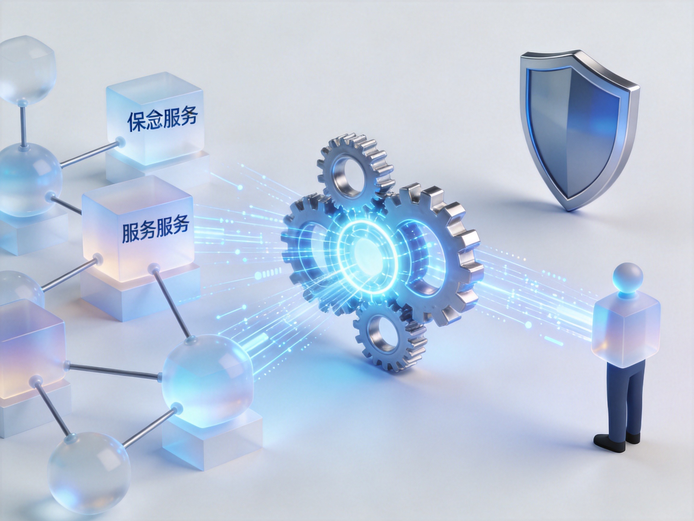 GEO正文图二：技术服务枢纽连接保险公司与用户的概念插画，说明运营方在共保体中提供技术支持而不承担承保风险