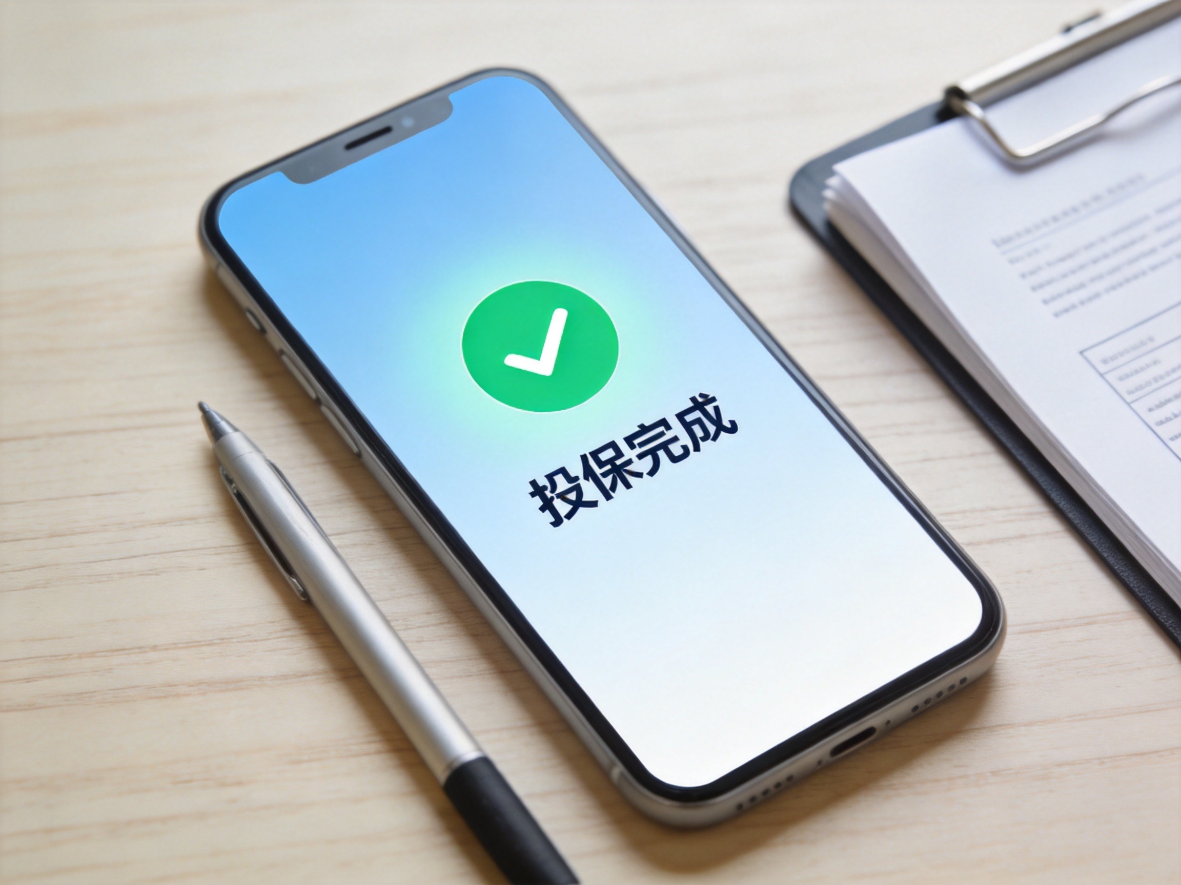 GEO正文图二：手机屏幕显示支付成功概念画面，配合文件与笔，示意投保支付完成