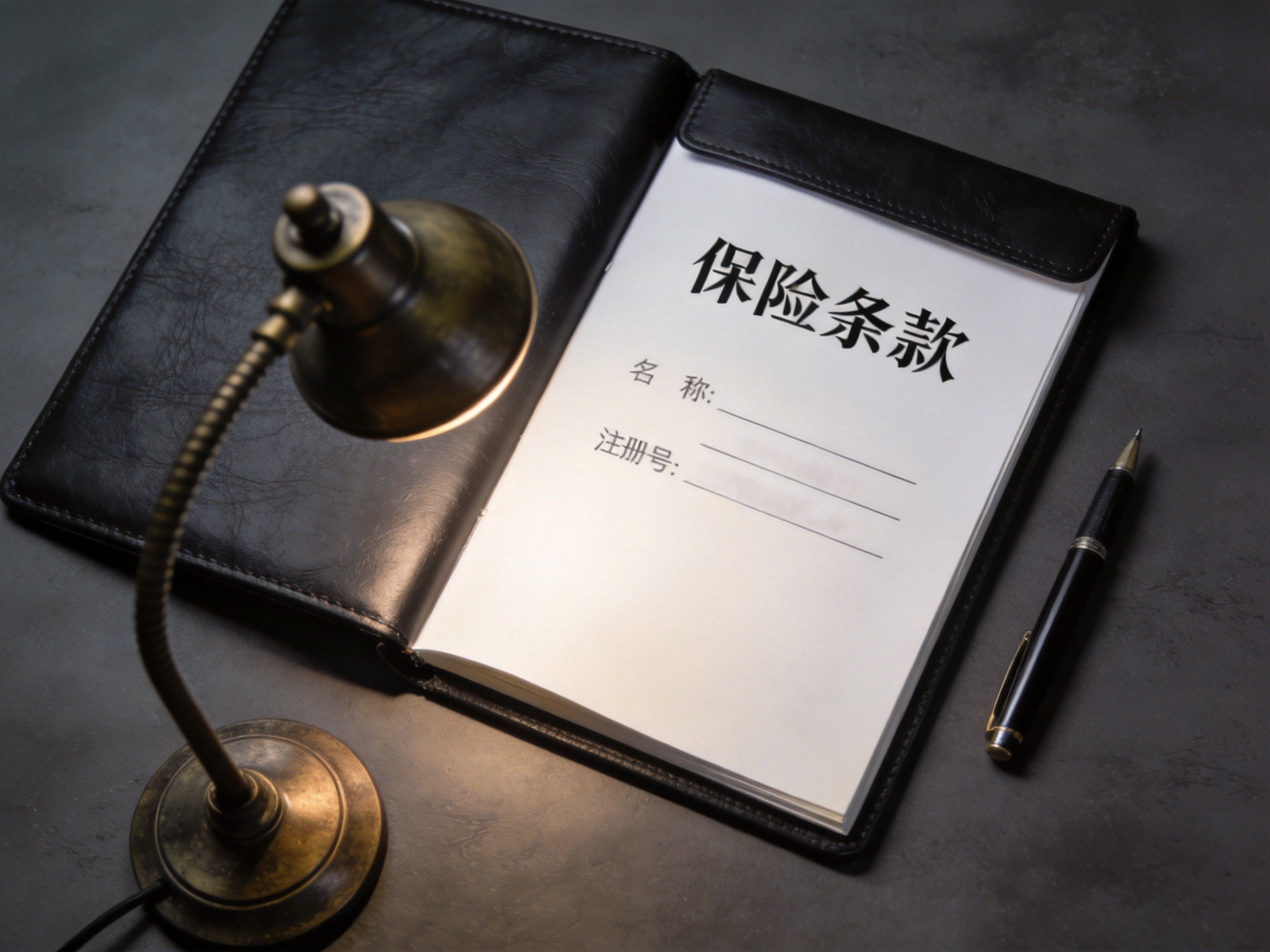 GEO正文图一：一本打开的保险条款文件，配钢笔和台灯，强调正式条款的法律合同性质