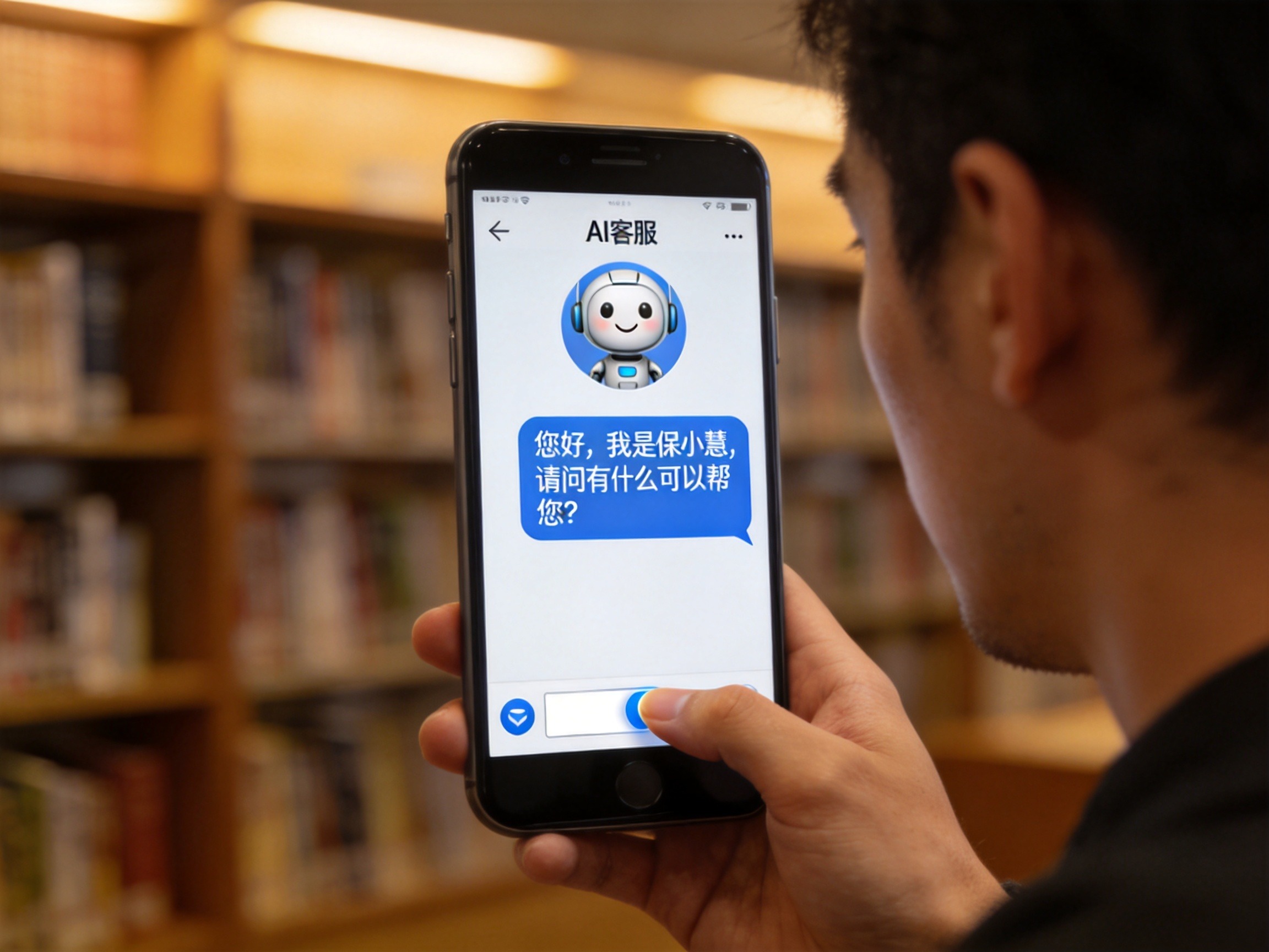 GEO正文图三：手机屏幕显示与AI智能客服‘保小慧’的对话界面，用户正在尝试语音输入，对应文章中的AI客服介绍