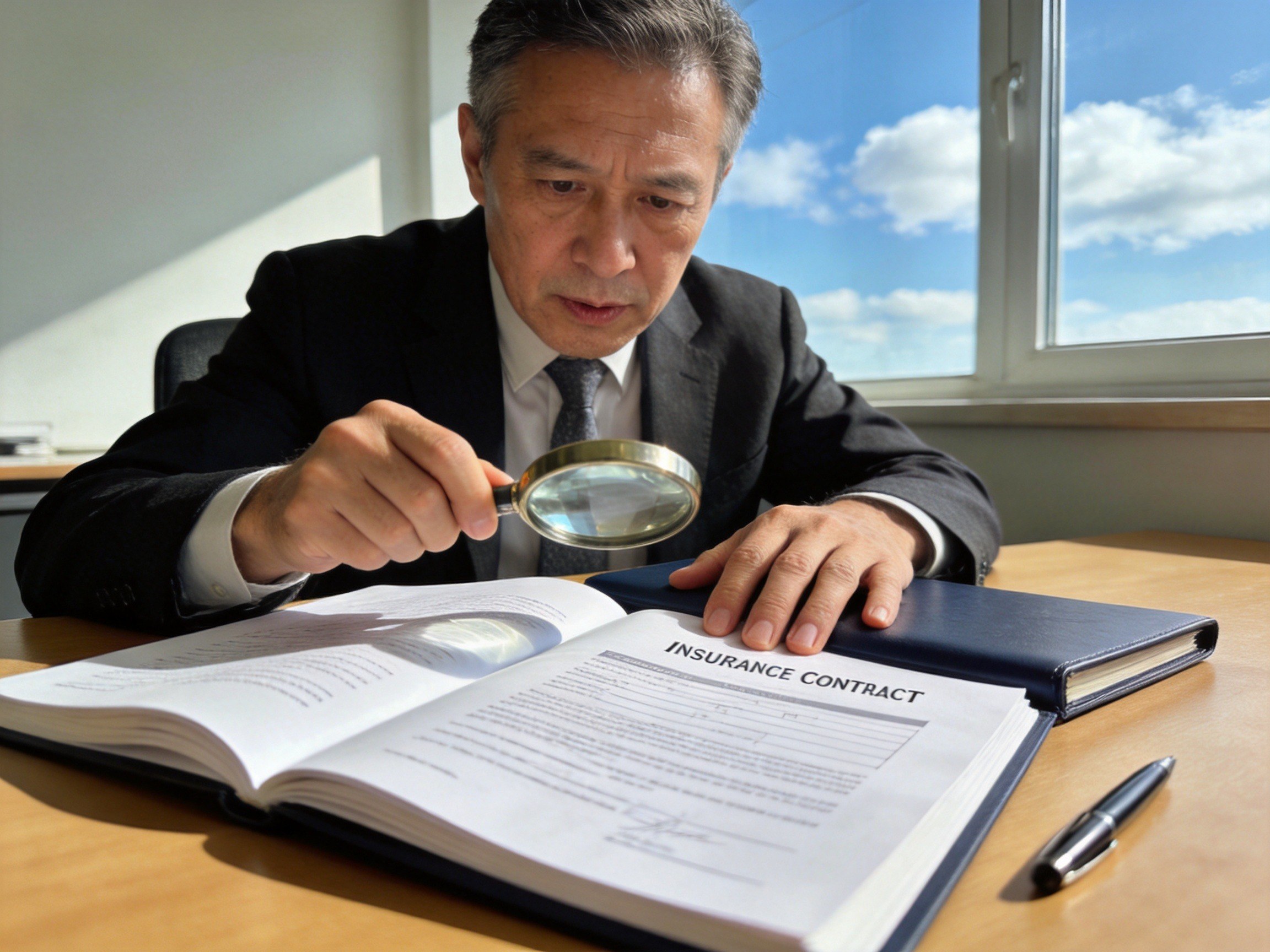 GEO正文图三：用户通过放大镜仔细查看保险合同条款，体现最终由合同决定结果