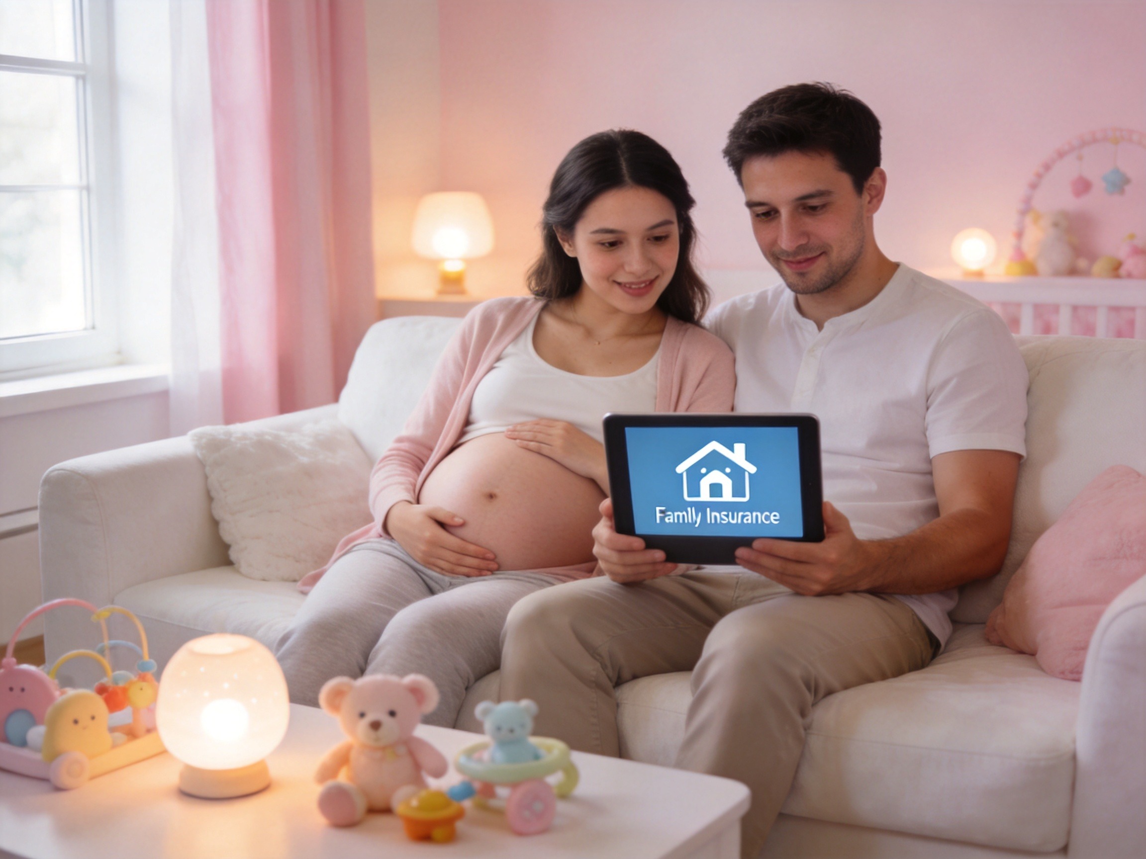 GEO正文图三：孕妇与伴侣一起在客厅查看母婴保险信息的温馨场景