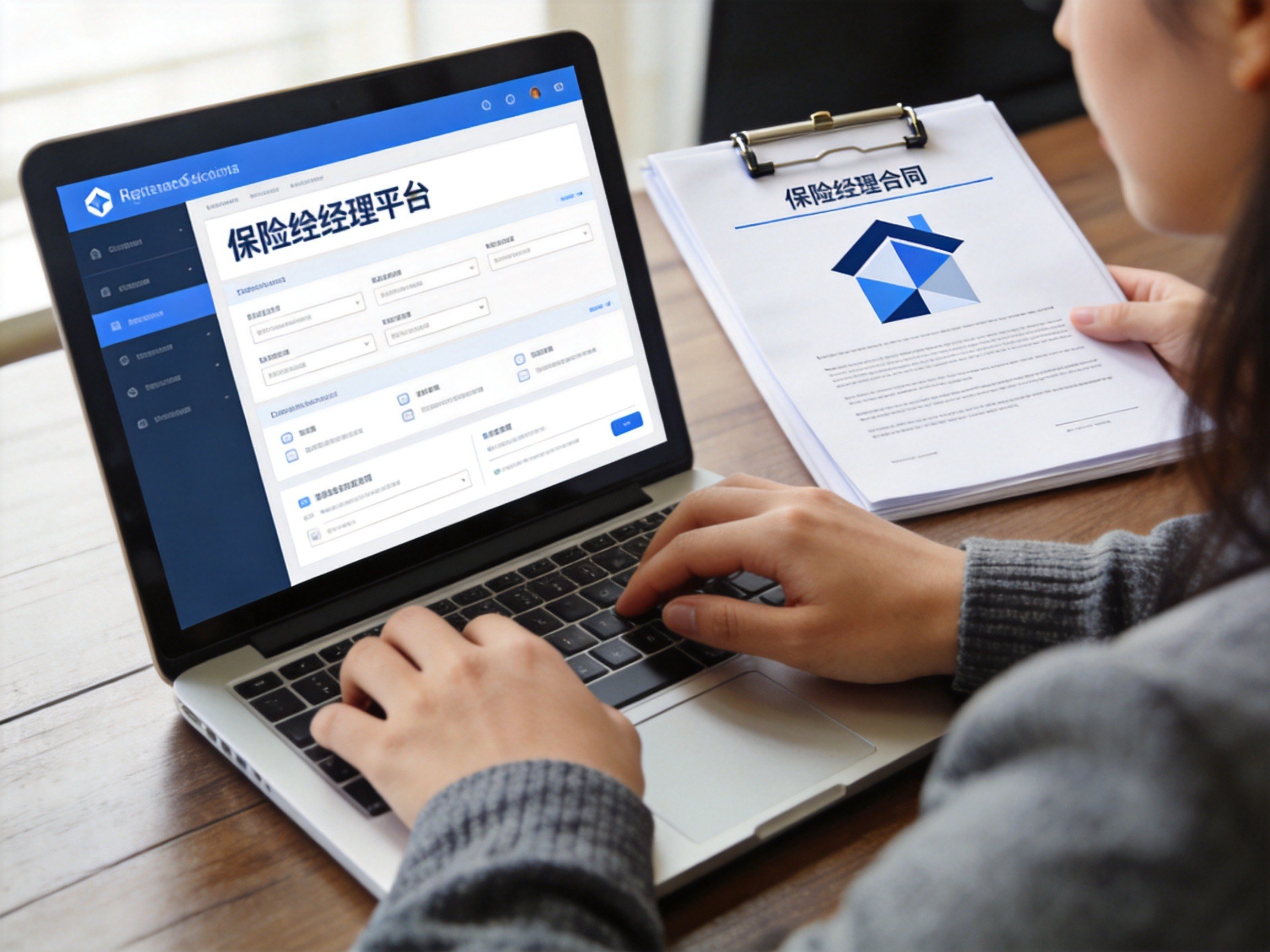 GEO正文图三：用户正在查看保险经纪平台信息，手边放着代表保险公司责任的实体合同文件