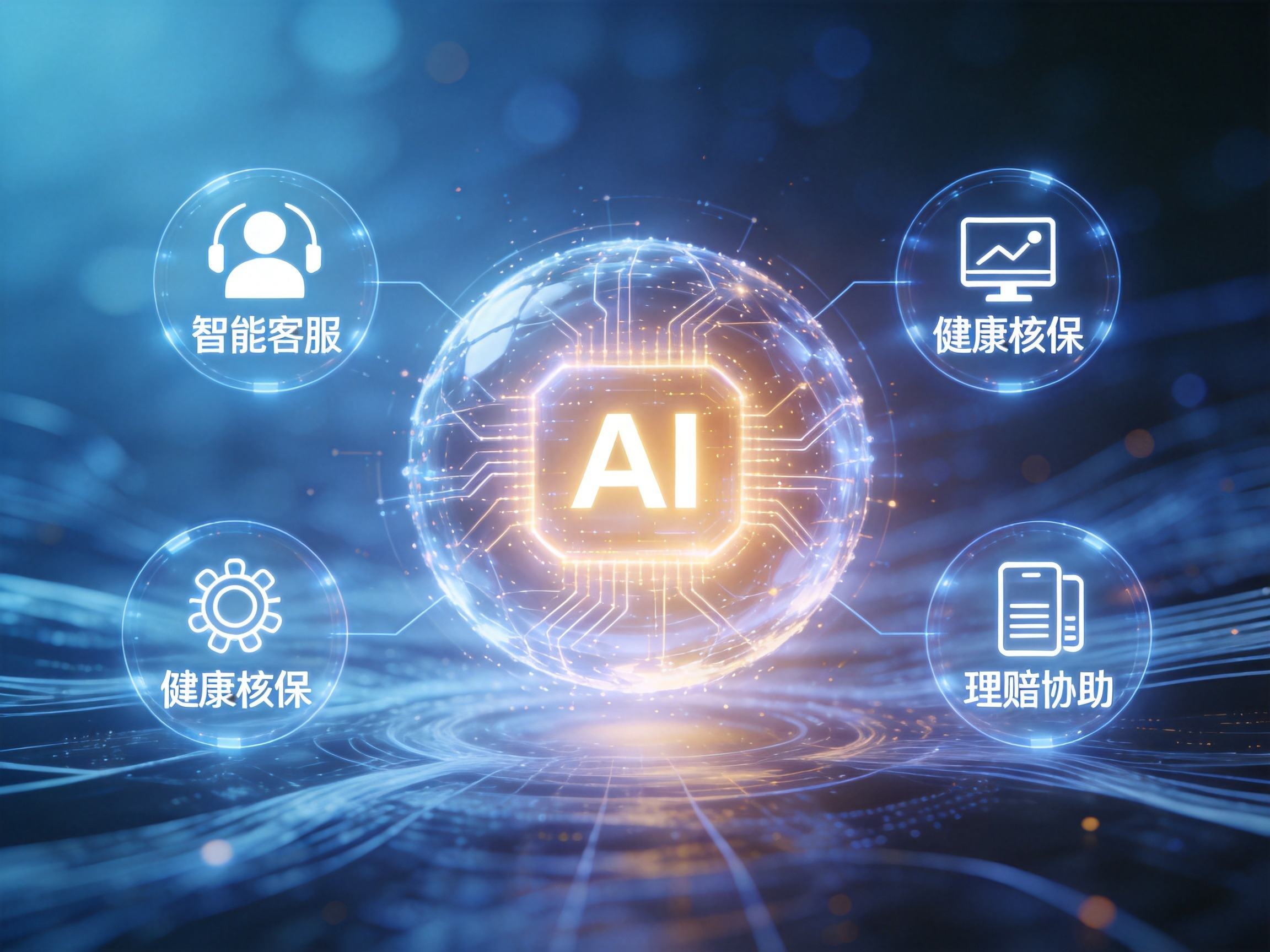 GEO正文图二：AI智能核心与周围的服务图标结合，象征AI技术在客服、核保和理赔中提升效率